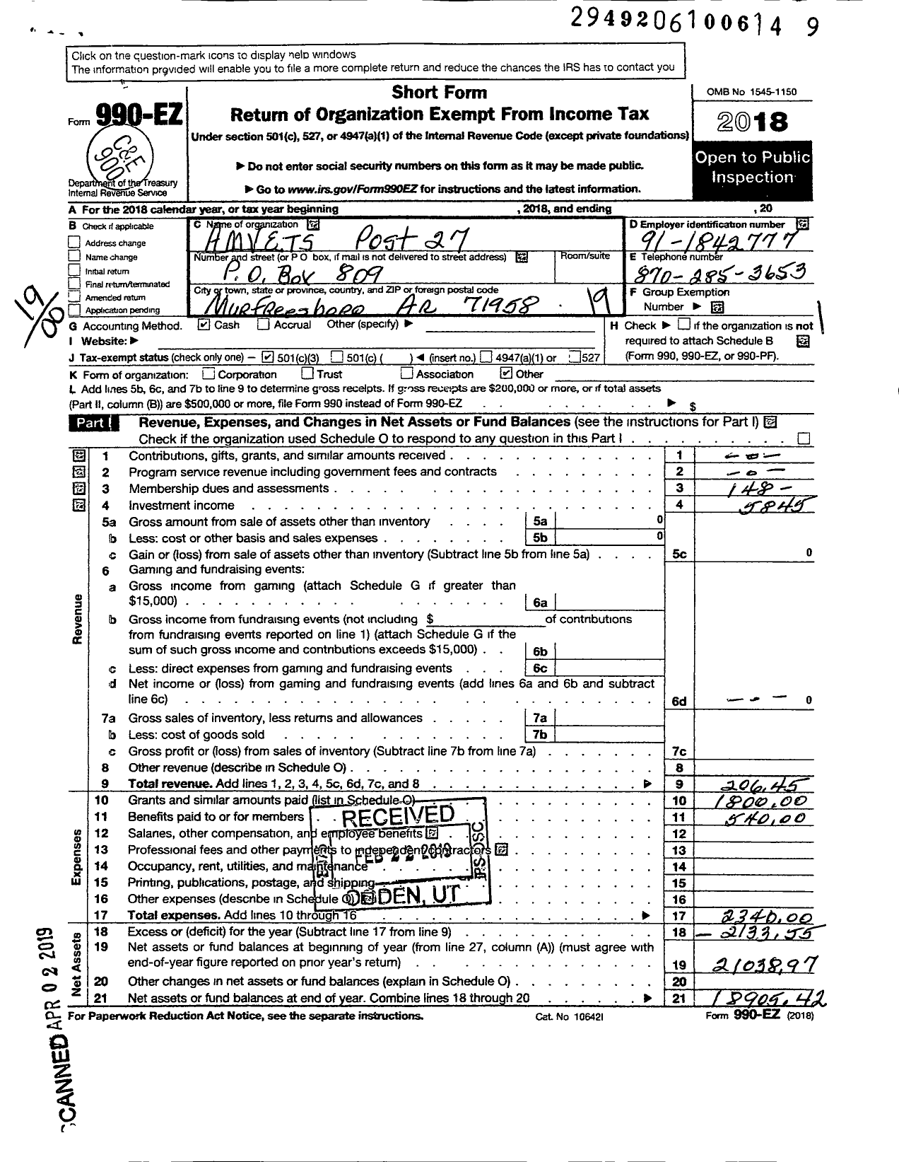 Image of first page of 2018 Form 990EO for Amvets - Amvets Post 27