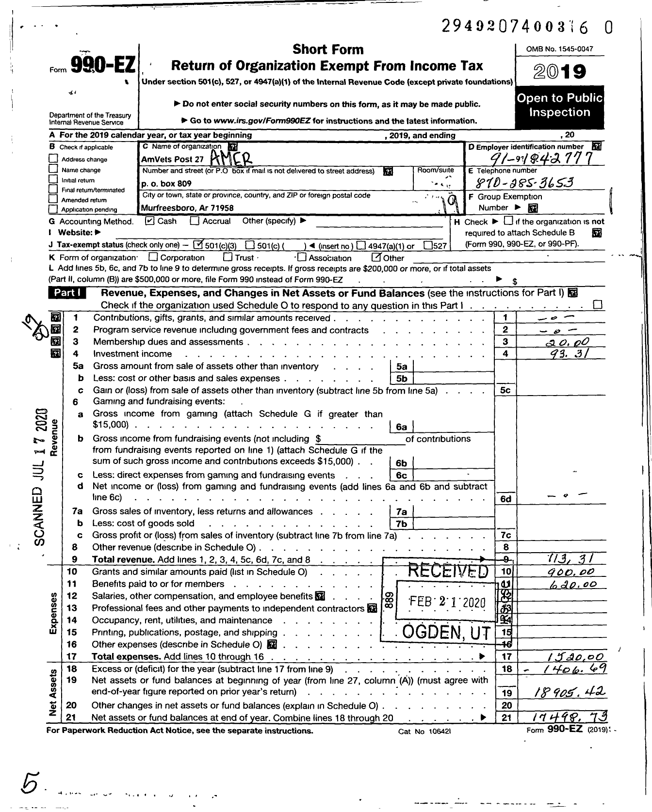 Image of first page of 2019 Form 990EO for Amvets - Amvets Post 27