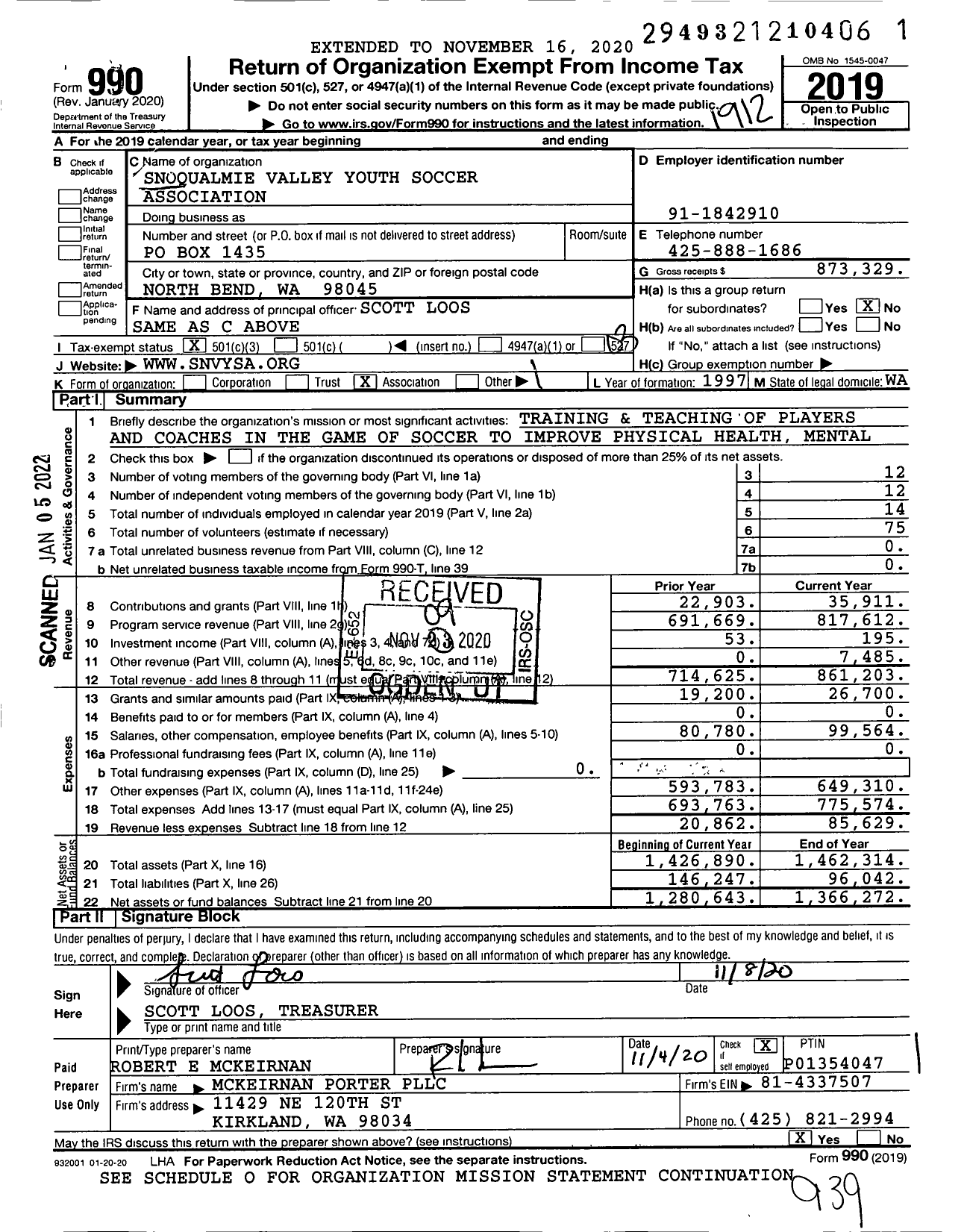 Image of first page of 2019 Form 990 for Snoqualmie Valley Youth Soccer Association