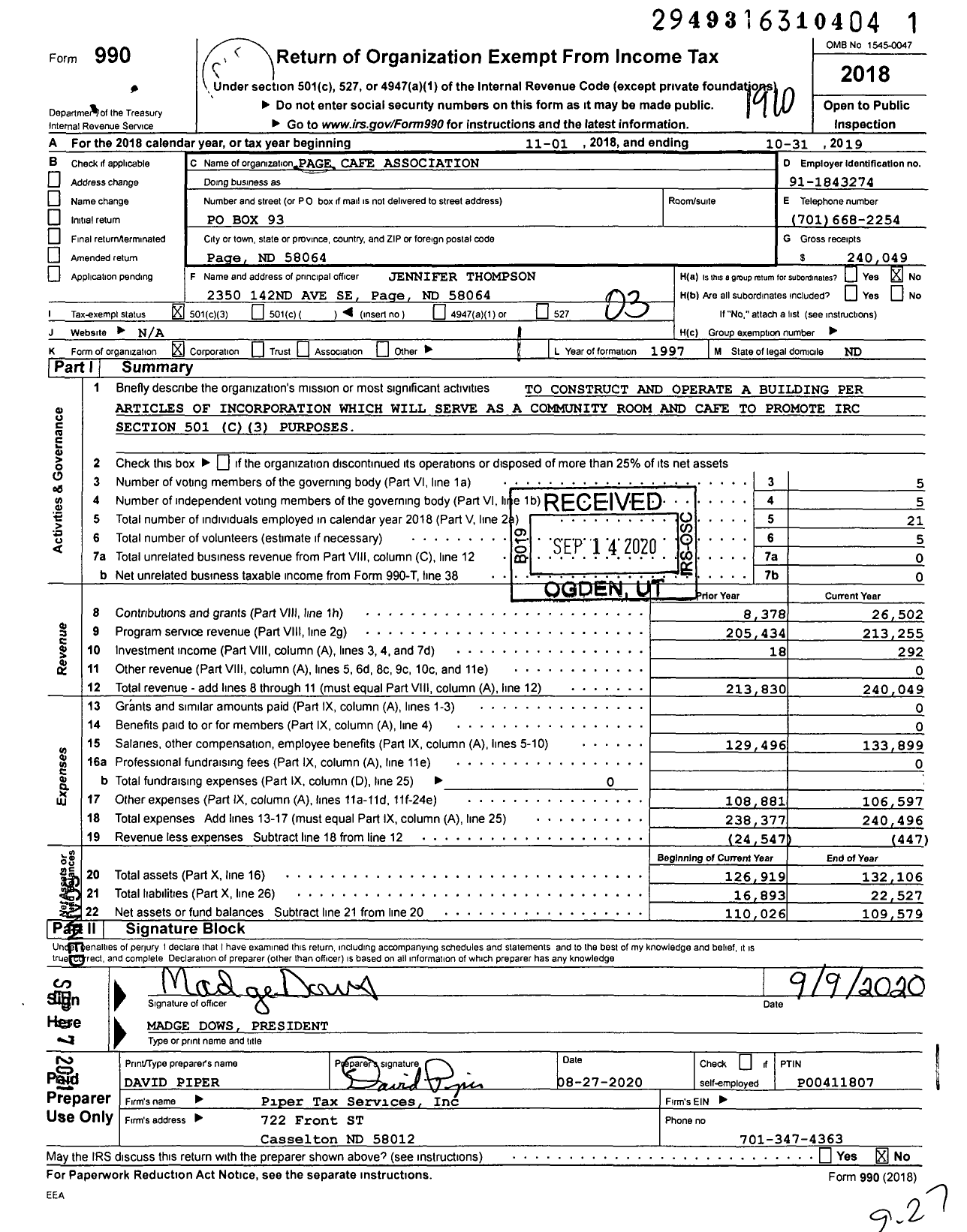 Image of first page of 2018 Form 990 for Page Cafe Association