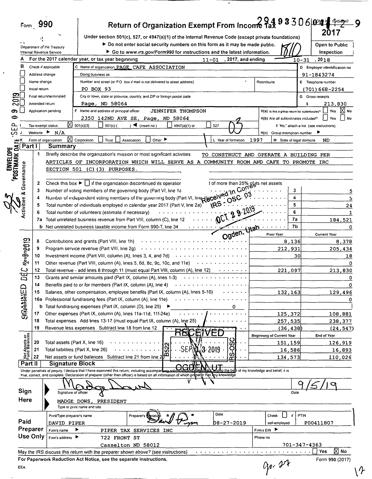 Image of first page of 2017 Form 990 for Page Cafe Association