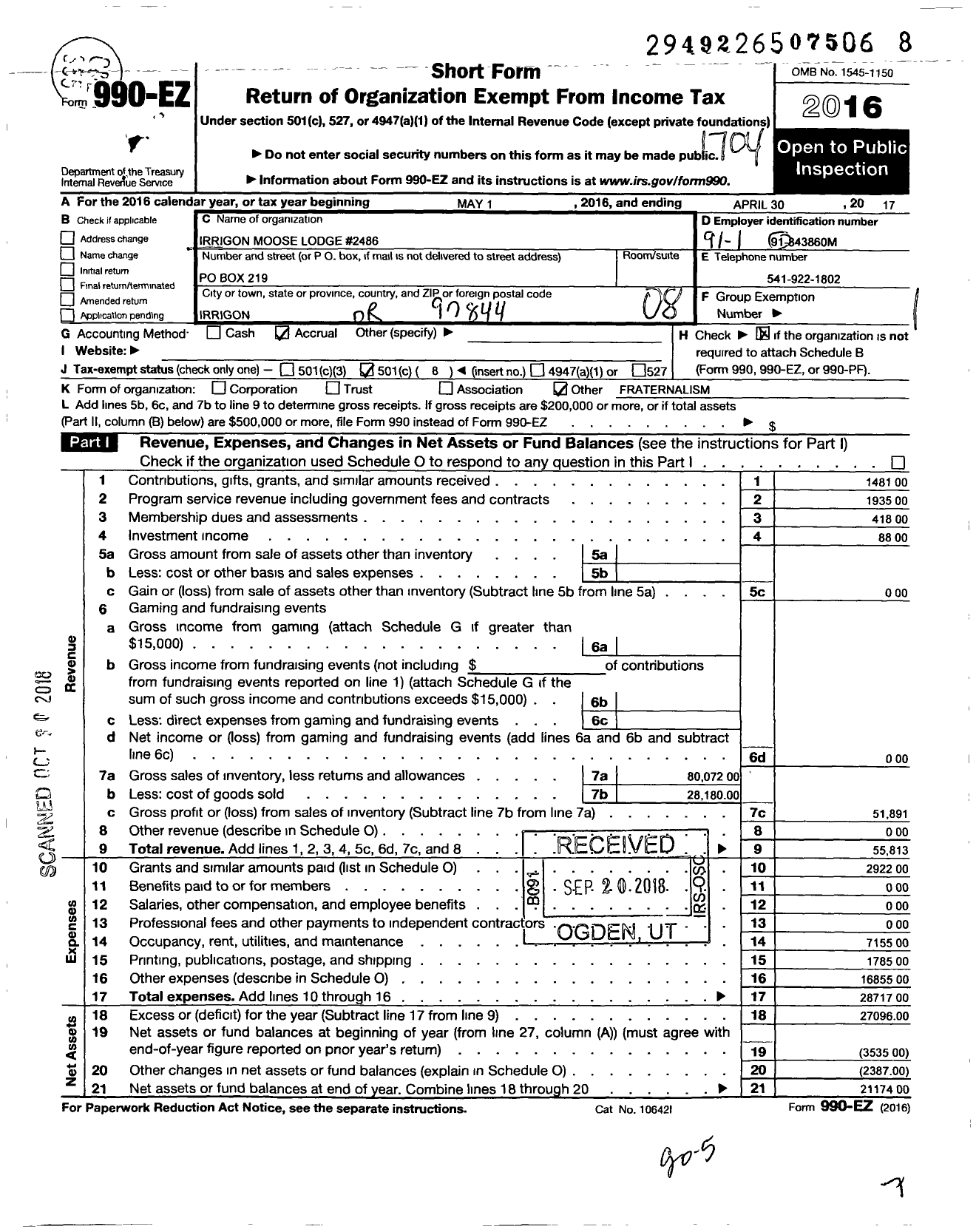 Image of first page of 2016 Form 990EO for loyal order of MOOSE - 2486