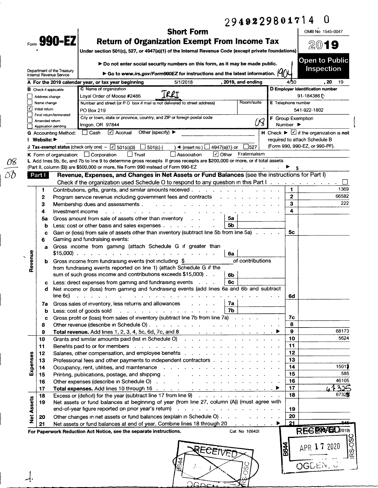 Image of first page of 2018 Form 990EO for loyal order of MOOSE - 2486