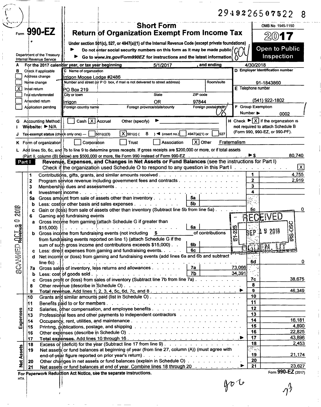 Image of first page of 2017 Form 990EO for loyal order of MOOSE - 2486