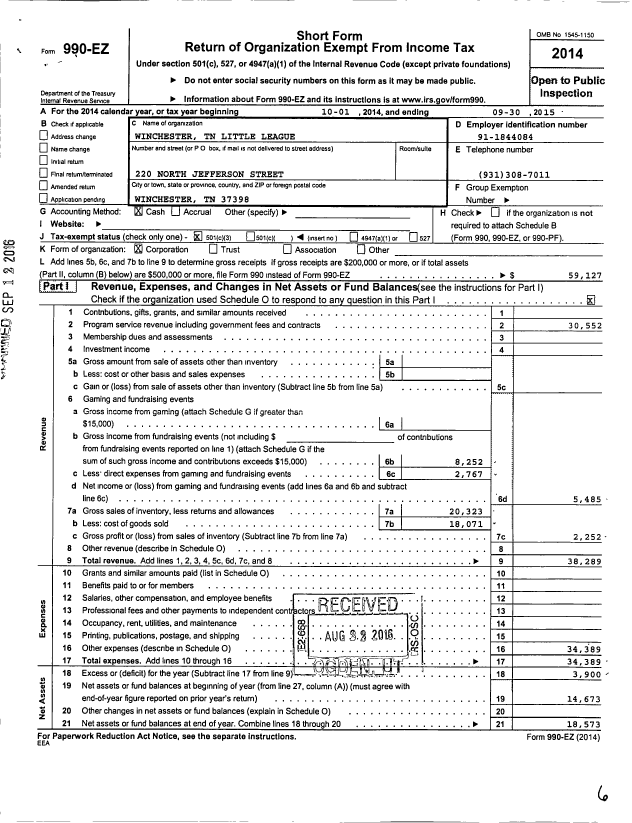 Image of first page of 2014 Form 990EZ for Little League Baseball - 3420810 Winchester Area LL