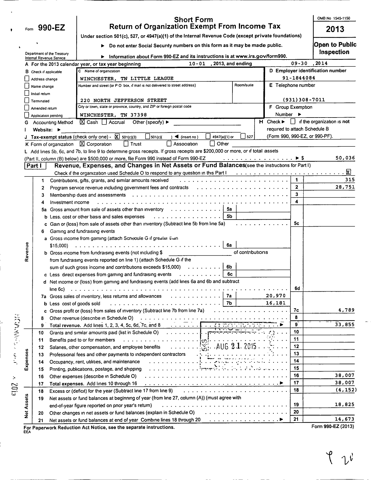 Image of first page of 2013 Form 990EZ for Little League Baseball - 3420810 Winchester Area LL