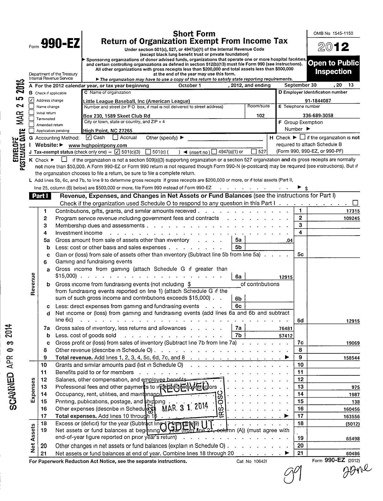 Image of first page of 2012 Form 990EZ for Little League Baseball / 3330222 High Point National LL