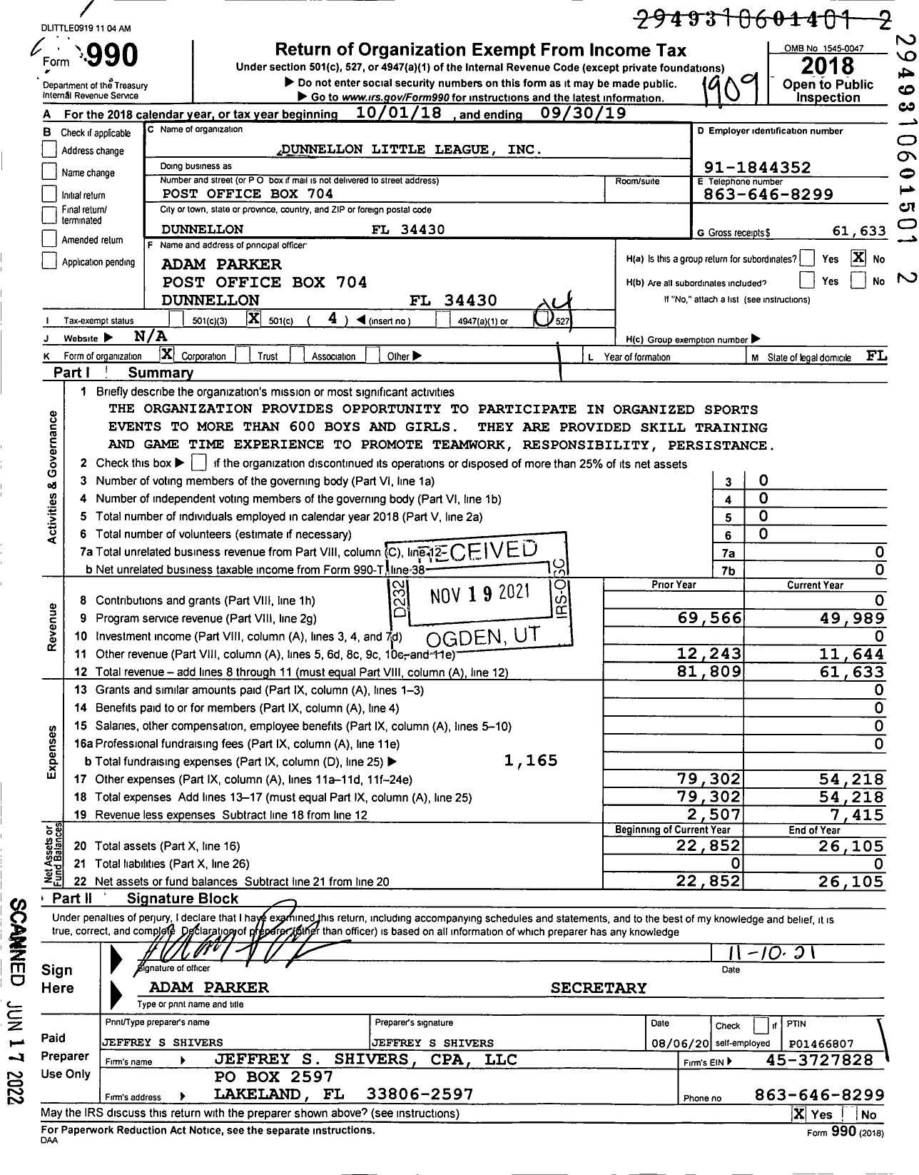 Image of first page of 2018 Form 990O for Dunnellon Little League