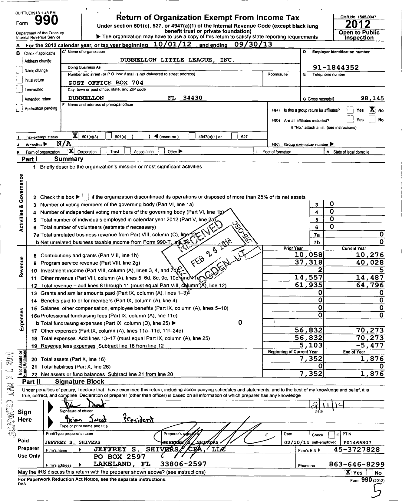 Image of first page of 2012 Form 990 for Little League Baseball - 3091506 Dunnellon LL