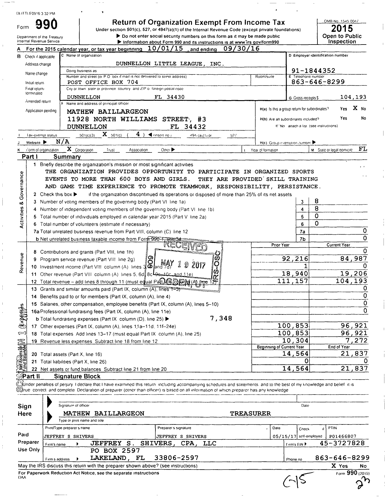 Image of first page of 2015 Form 990O for Little League Baseball - 3091506 Dunnellon LL