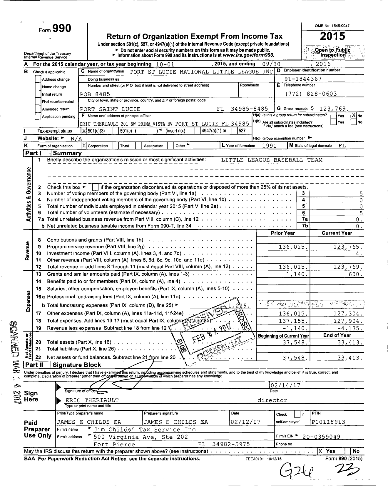 Image of first page of 2015 Form 990 for Little League Baseball - 3091713 Port St Lucie National LL