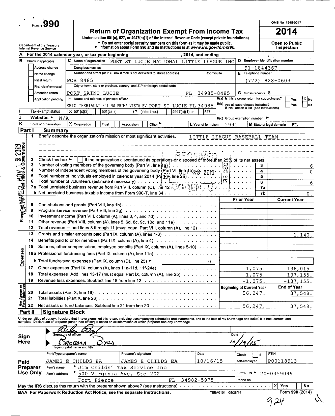 Image of first page of 2014 Form 990 for Little League Baseball - 3091713 Port St Lucie National LL