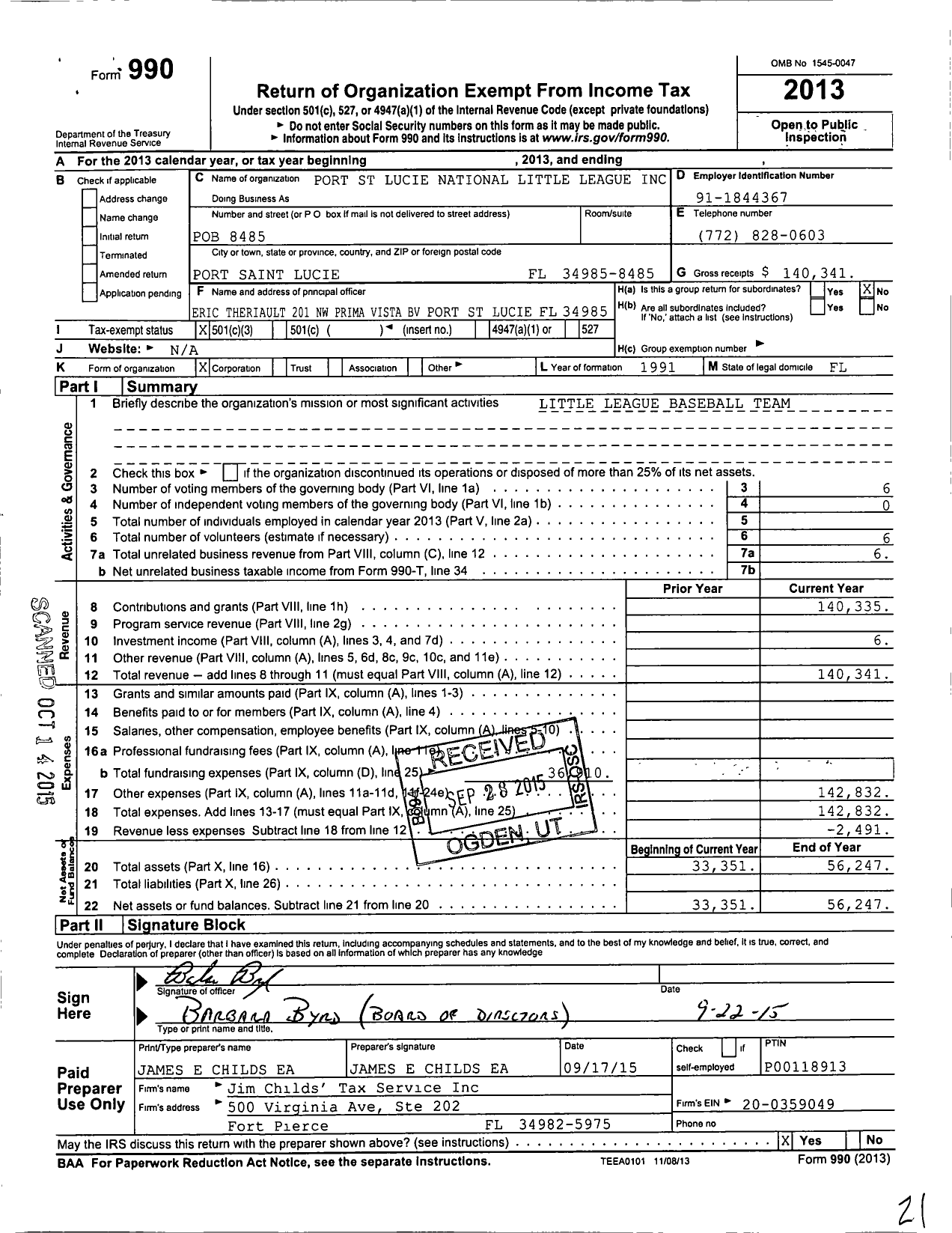 Image of first page of 2013 Form 990 for Little League Baseball - 3091713 Port St Lucie National LL