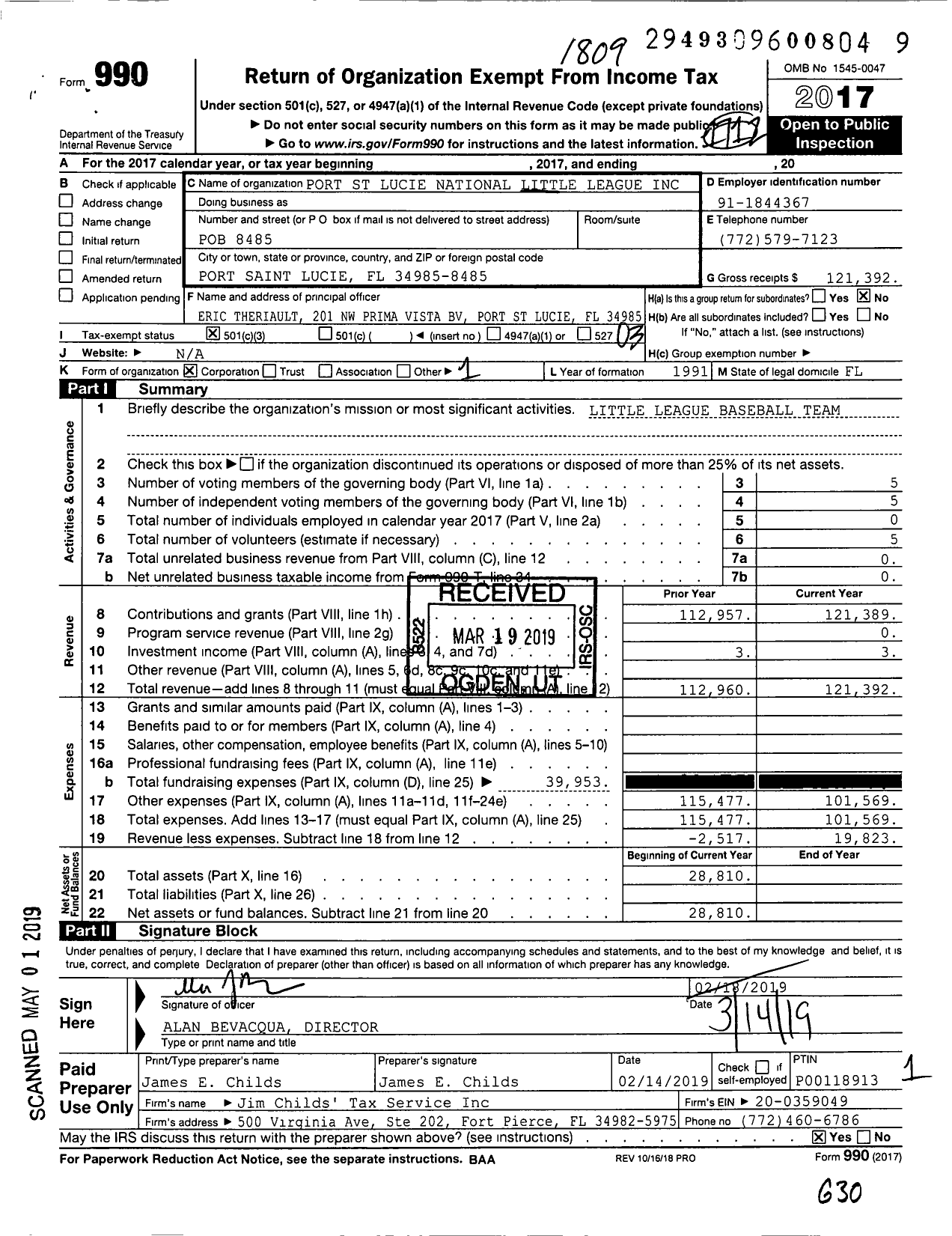 Image of first page of 2017 Form 990 for Little League Baseball - 3091713 Port St Lucie National LL