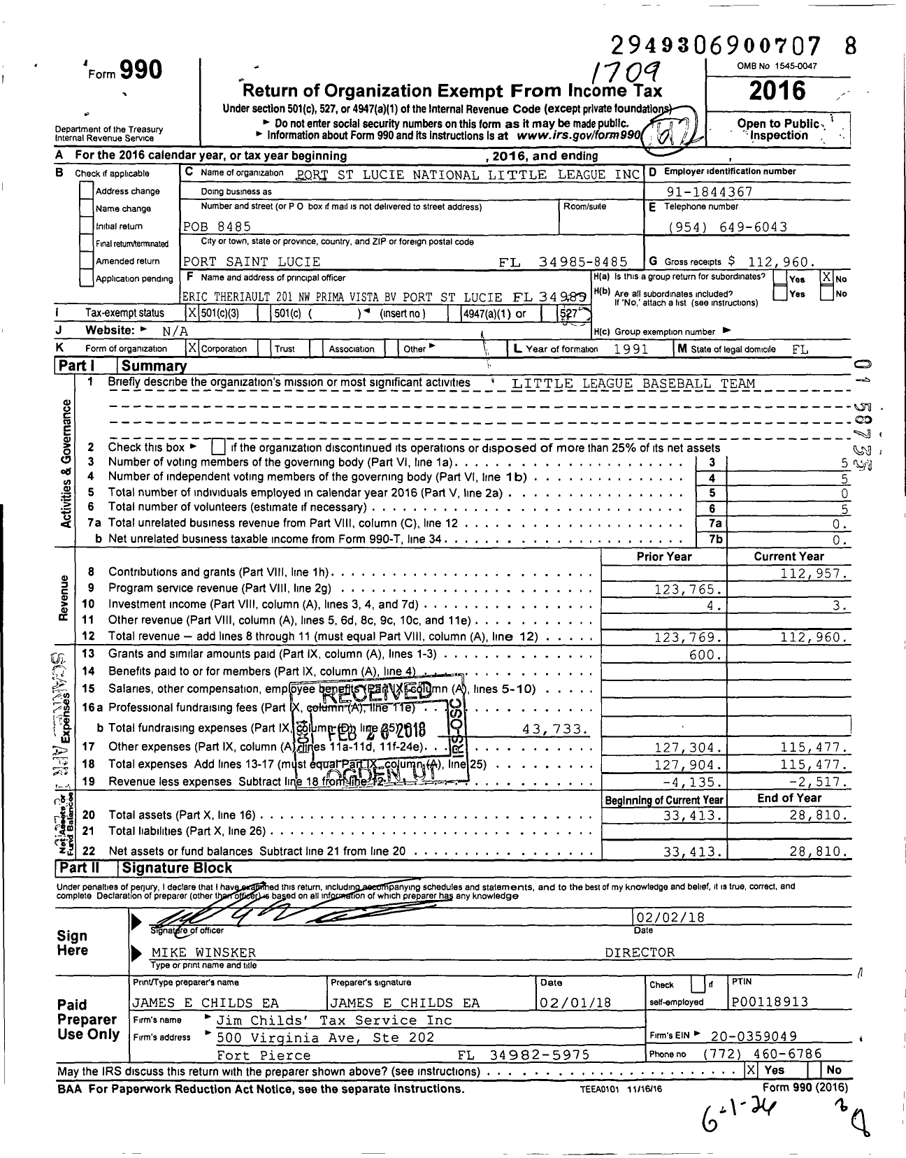 Image of first page of 2016 Form 990 for Little League Baseball - 3091713 Port St Lucie National LL