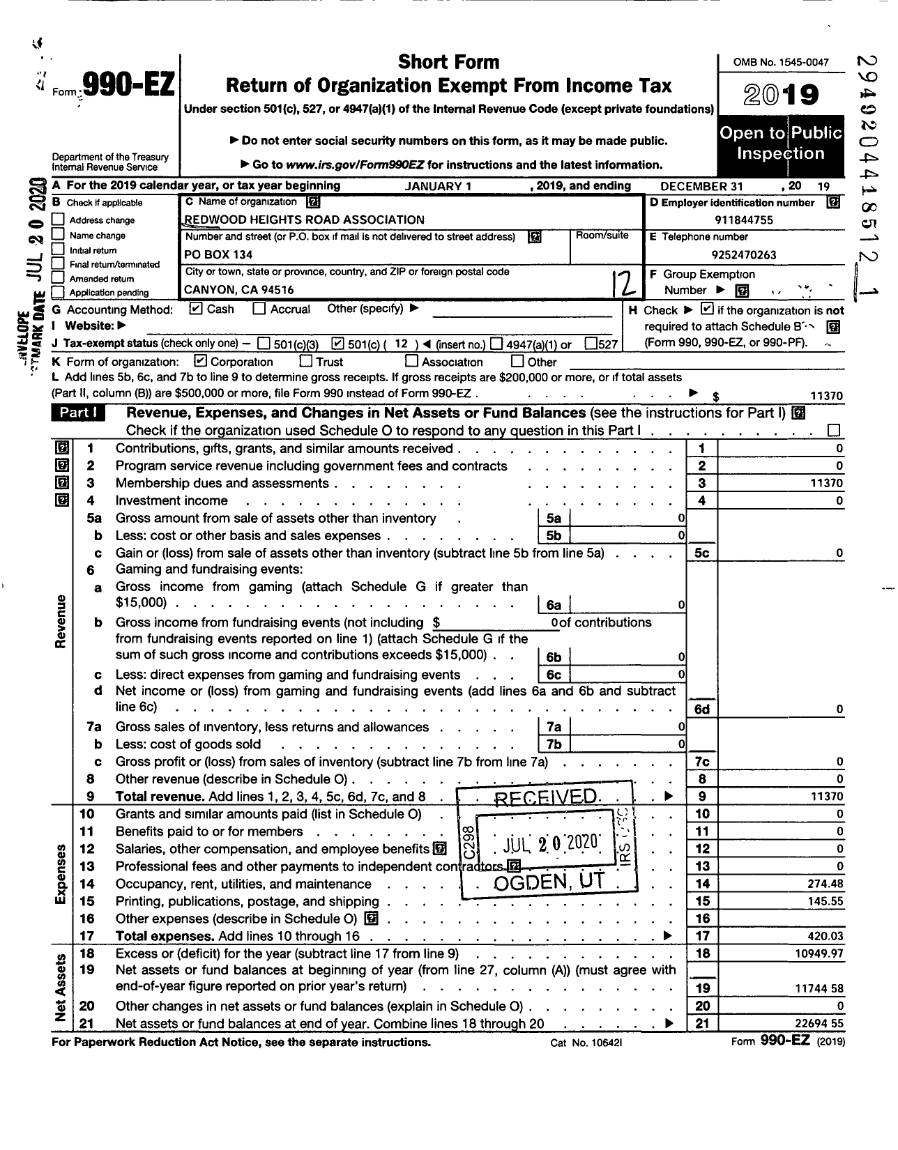 Image of first page of 2019 Form 990EO for Redwood Heights Road Association