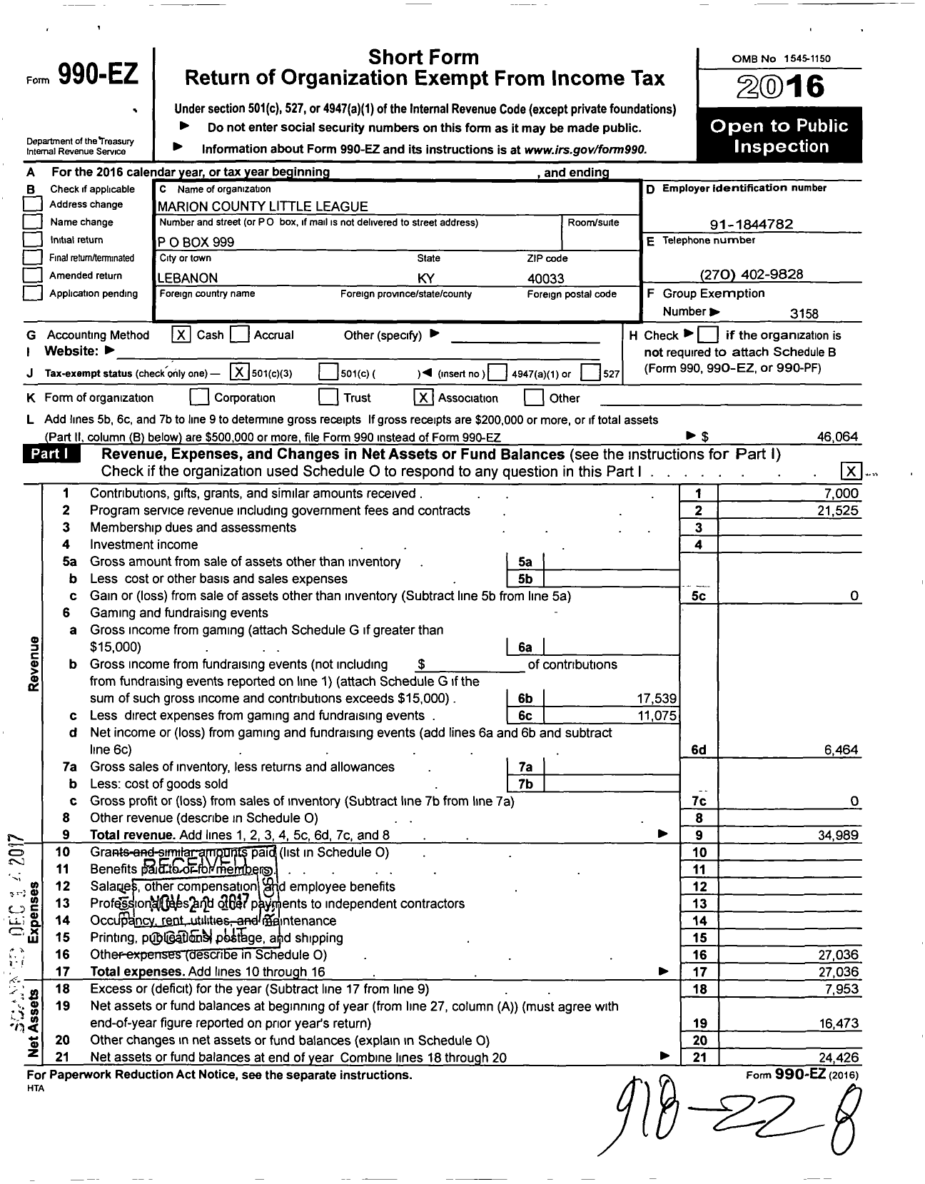 Image of first page of 2016 Form 990EZ for Little League Baseball - 3170508 Marion County LL