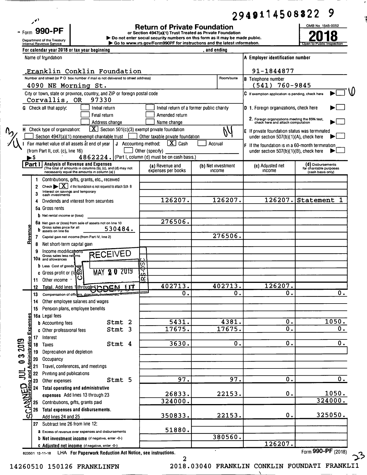 Image of first page of 2018 Form 990PF for Franklin Conklin Foundation