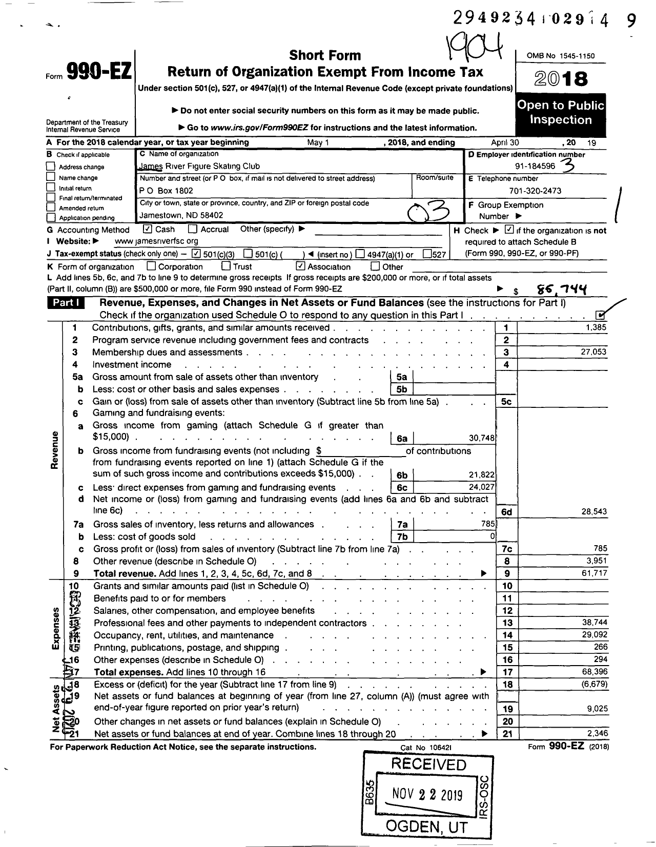 Image of first page of 2018 Form 990EZ for Jamesriver Figure Skating Club