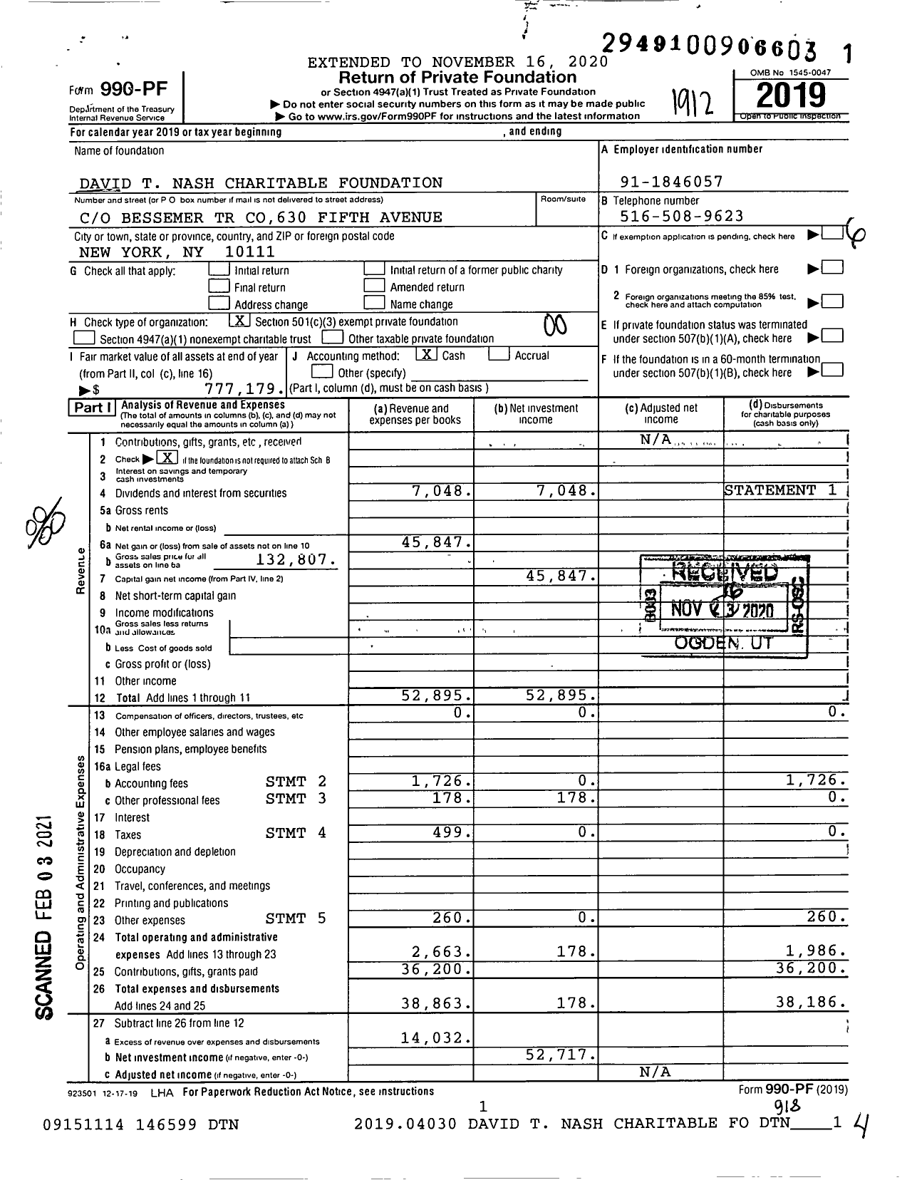 Image of first page of 2019 Form 990PF for David T Nash Charitable Foundation