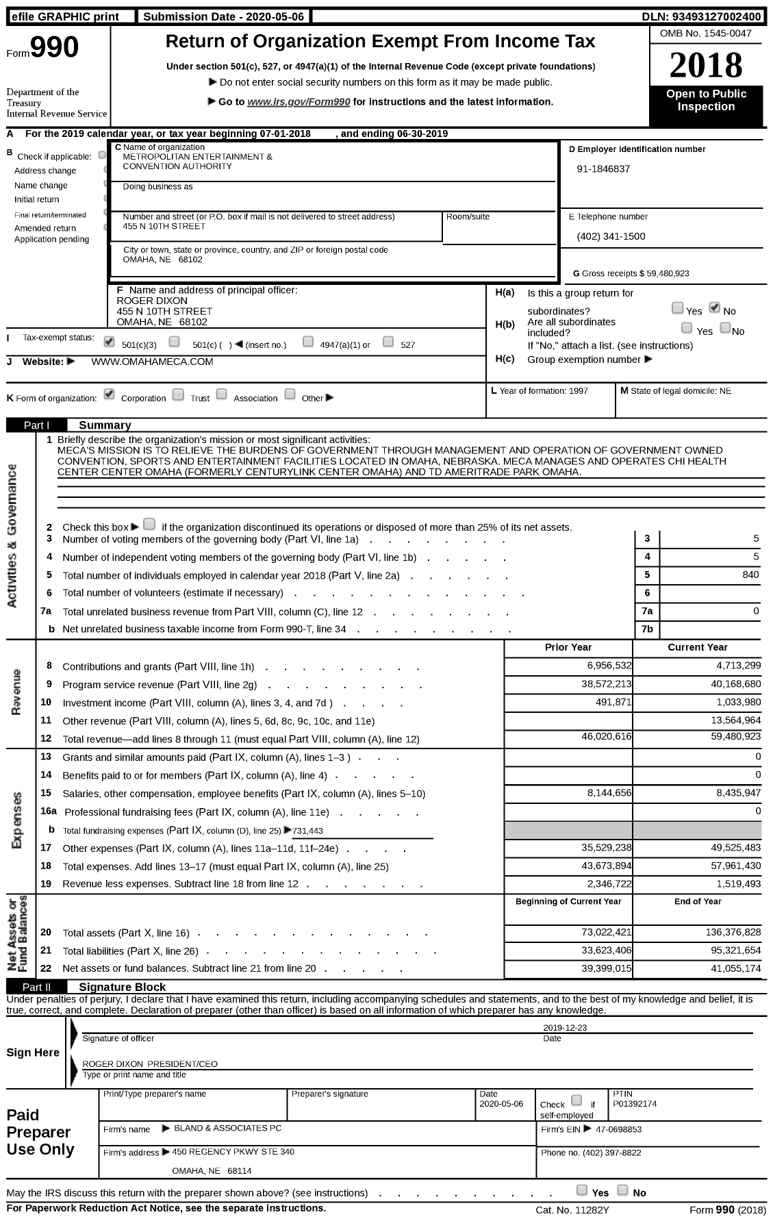 Image of first page of 2018 Form 990 for Metropolitan Entertainment and Convention Authority (MECA)