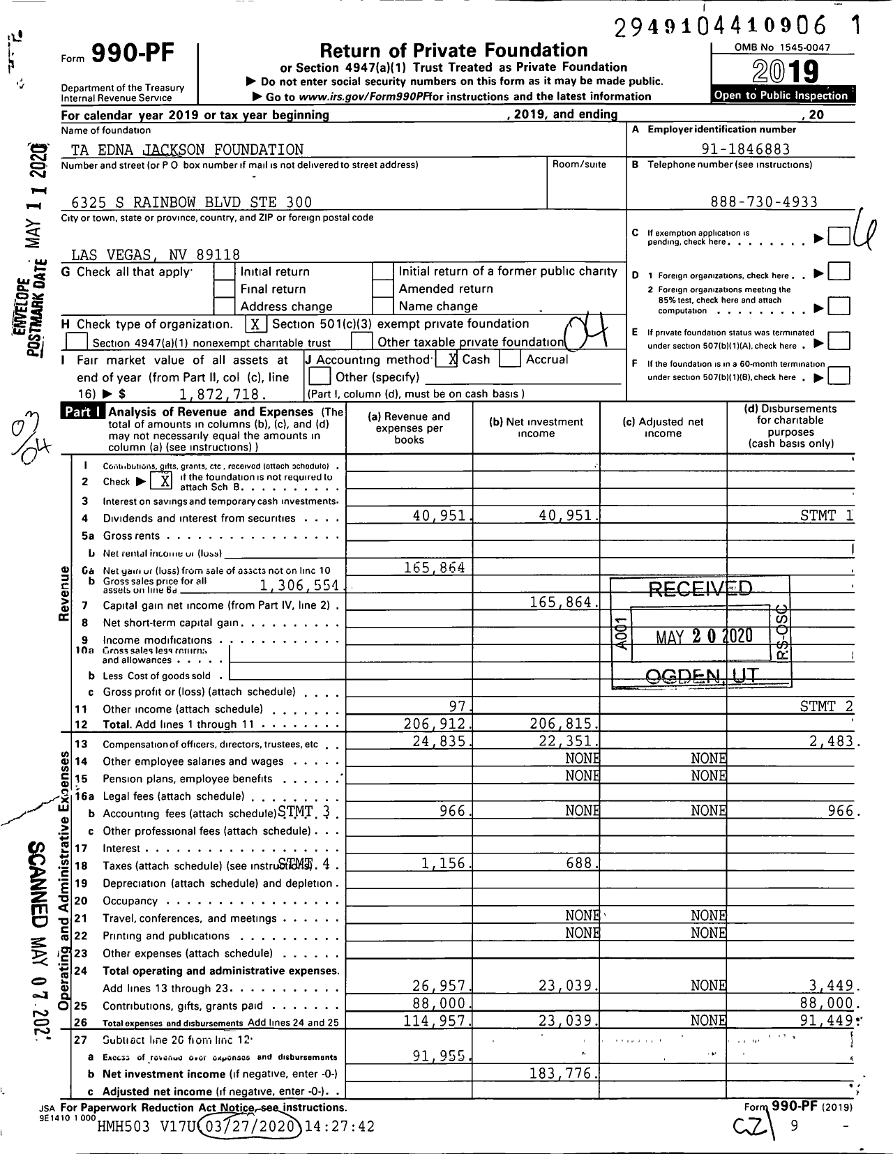 Image of first page of 2019 Form 990PF for Ta Edna Jackson Foundation