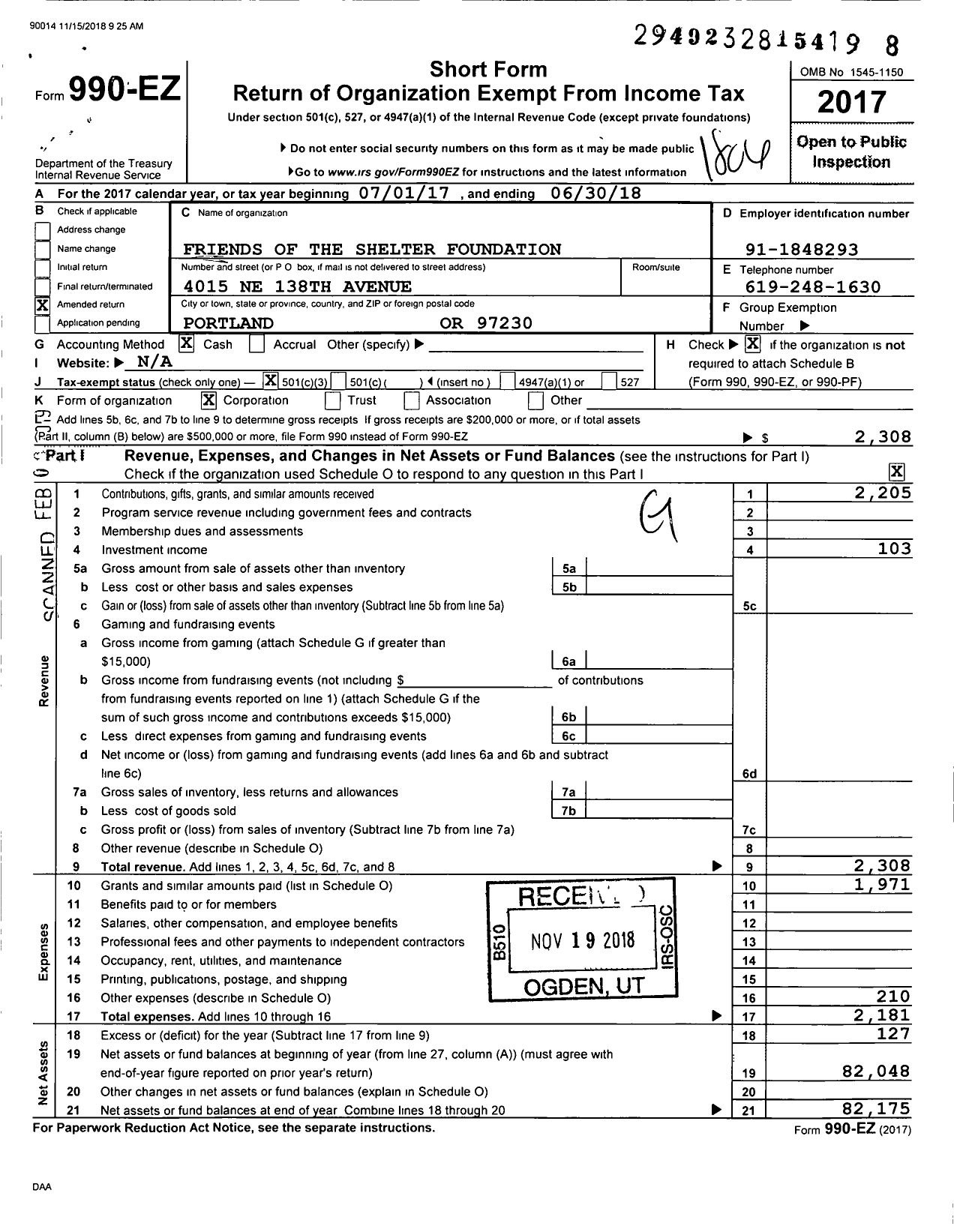 Image of first page of 2017 Form 990EZ for Friends of Multnomah County Shelter Animals