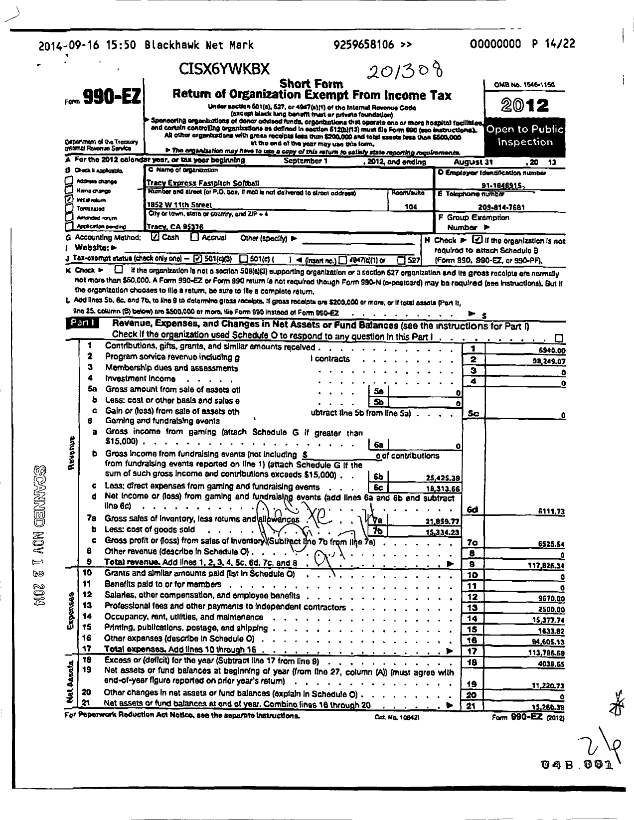 Image of first page of 2012 Form 990EZ for Tracy Express Fastpitch Softball