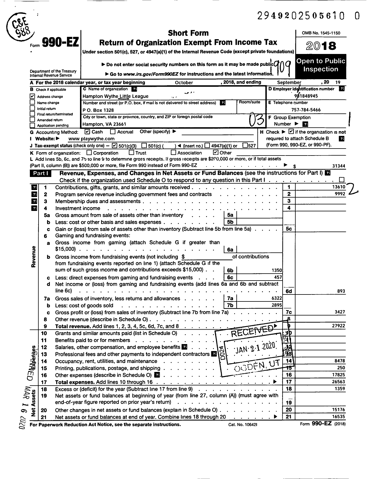 Image of first page of 2018 Form 990EZ for Little League Baseball - 3460704 Hampton Wythe LL