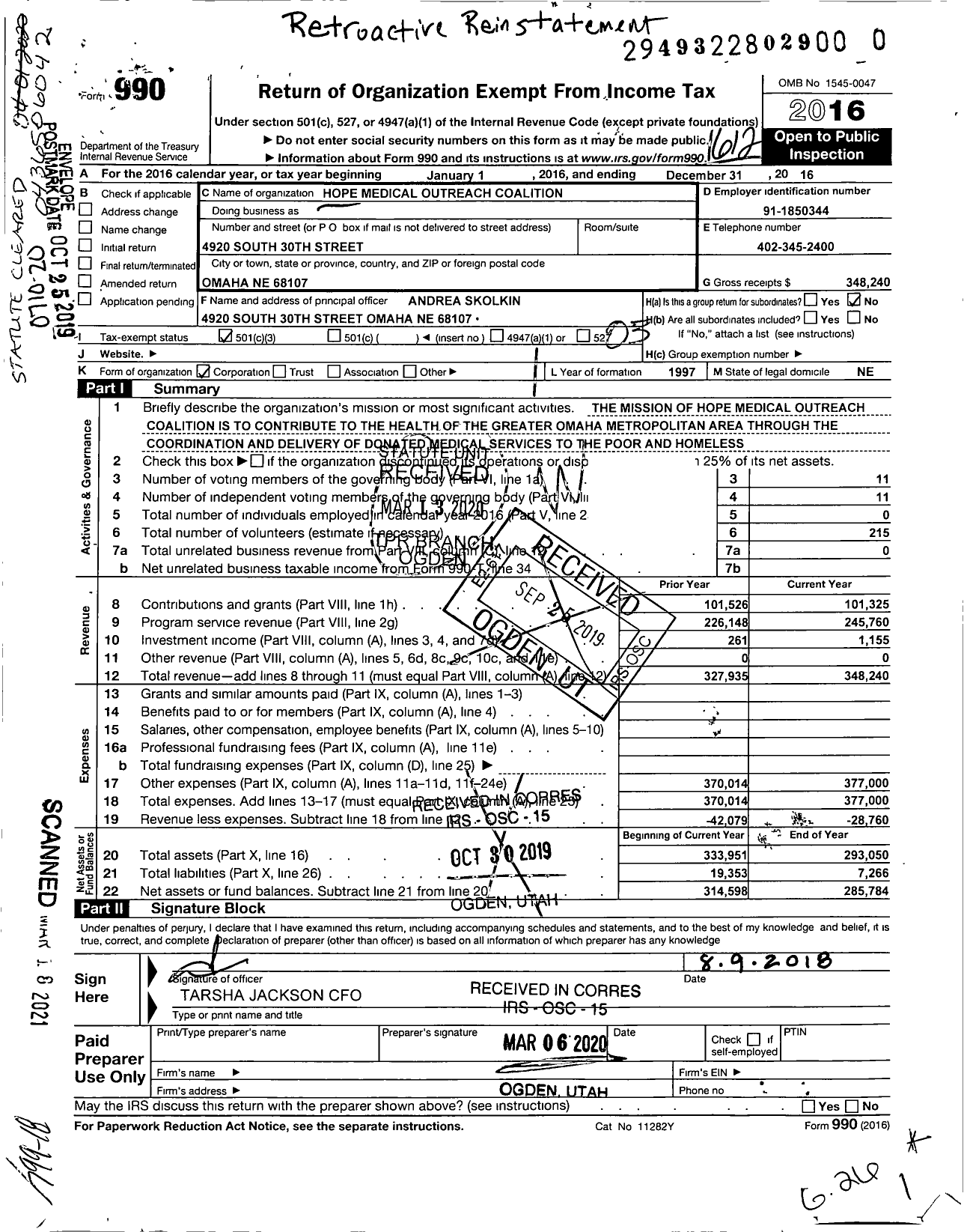 Image of first page of 2016 Form 990 for Hope Medical Outreach Coalition