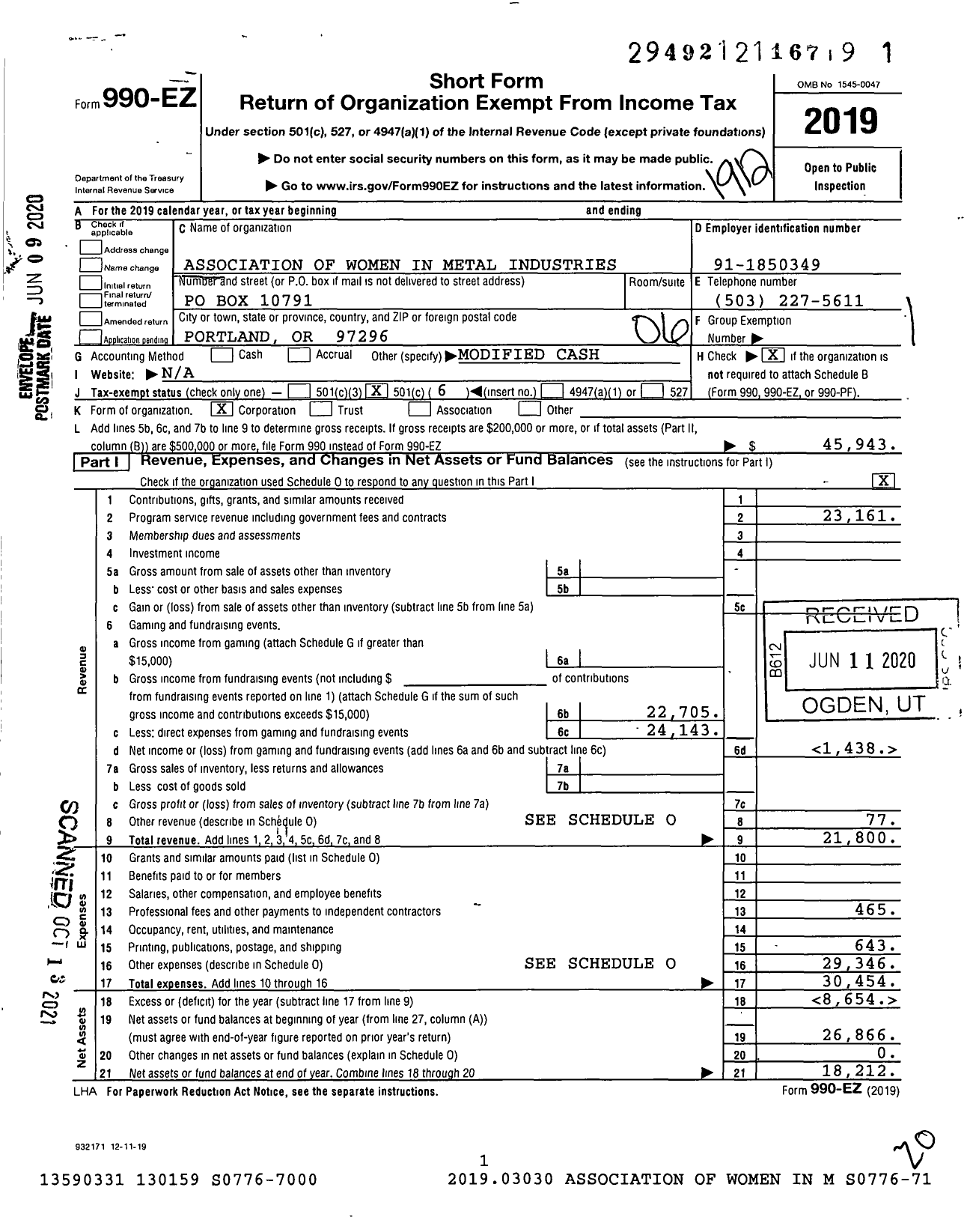 Image of first page of 2019 Form 990EO for Association of Women in Metal Industries