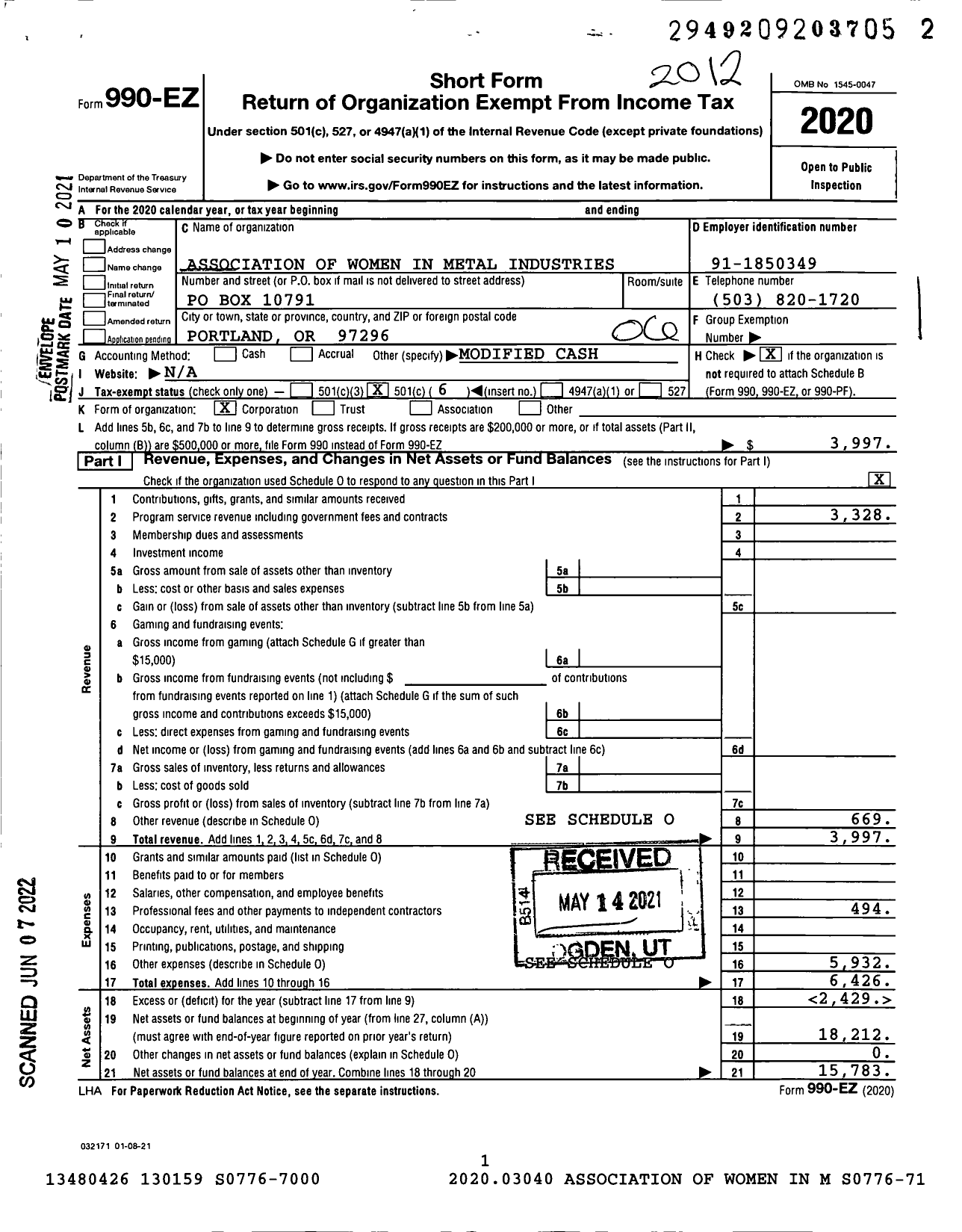 Image of first page of 2020 Form 990EO for Association of Women in Metal Industries