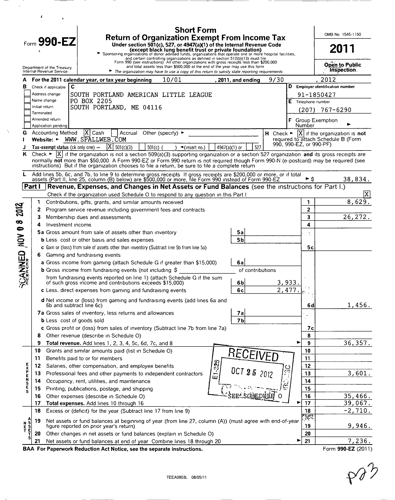 Image of first page of 2011 Form 990EZ for Little League Baseball - 2190605 South Portland LL