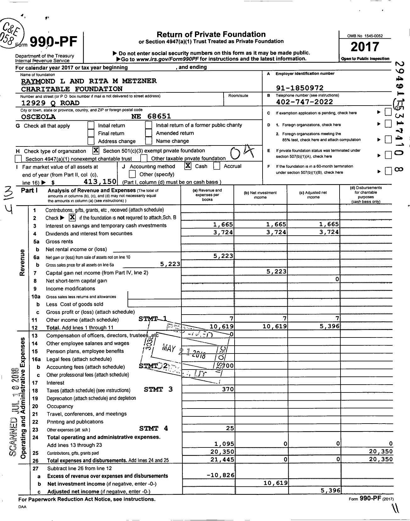 Image of first page of 2017 Form 990PF for Raymond L and Rita M Metzner Charitable Foundation