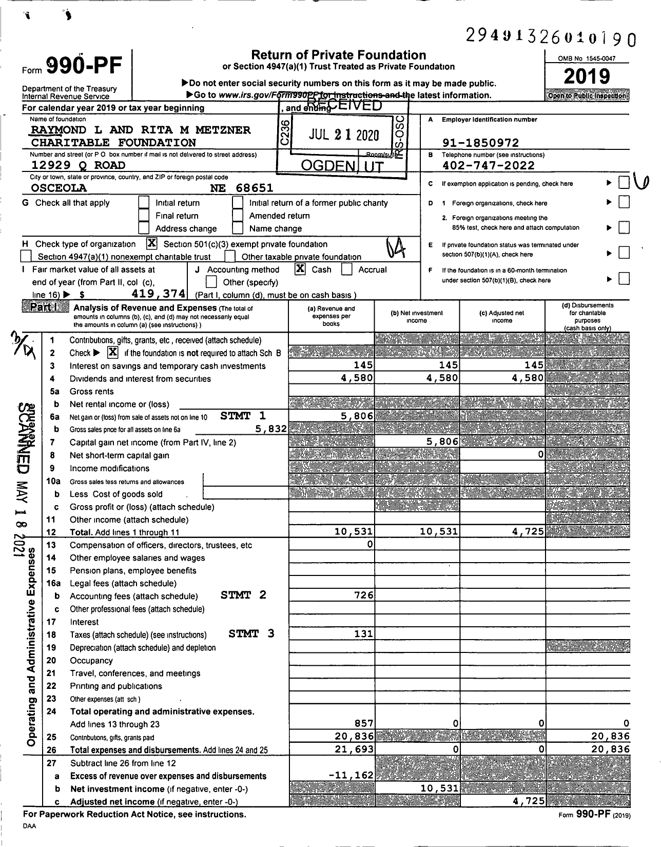 Image of first page of 2019 Form 990PF for Raymond L and Rita M Metzner Charitable Foundation