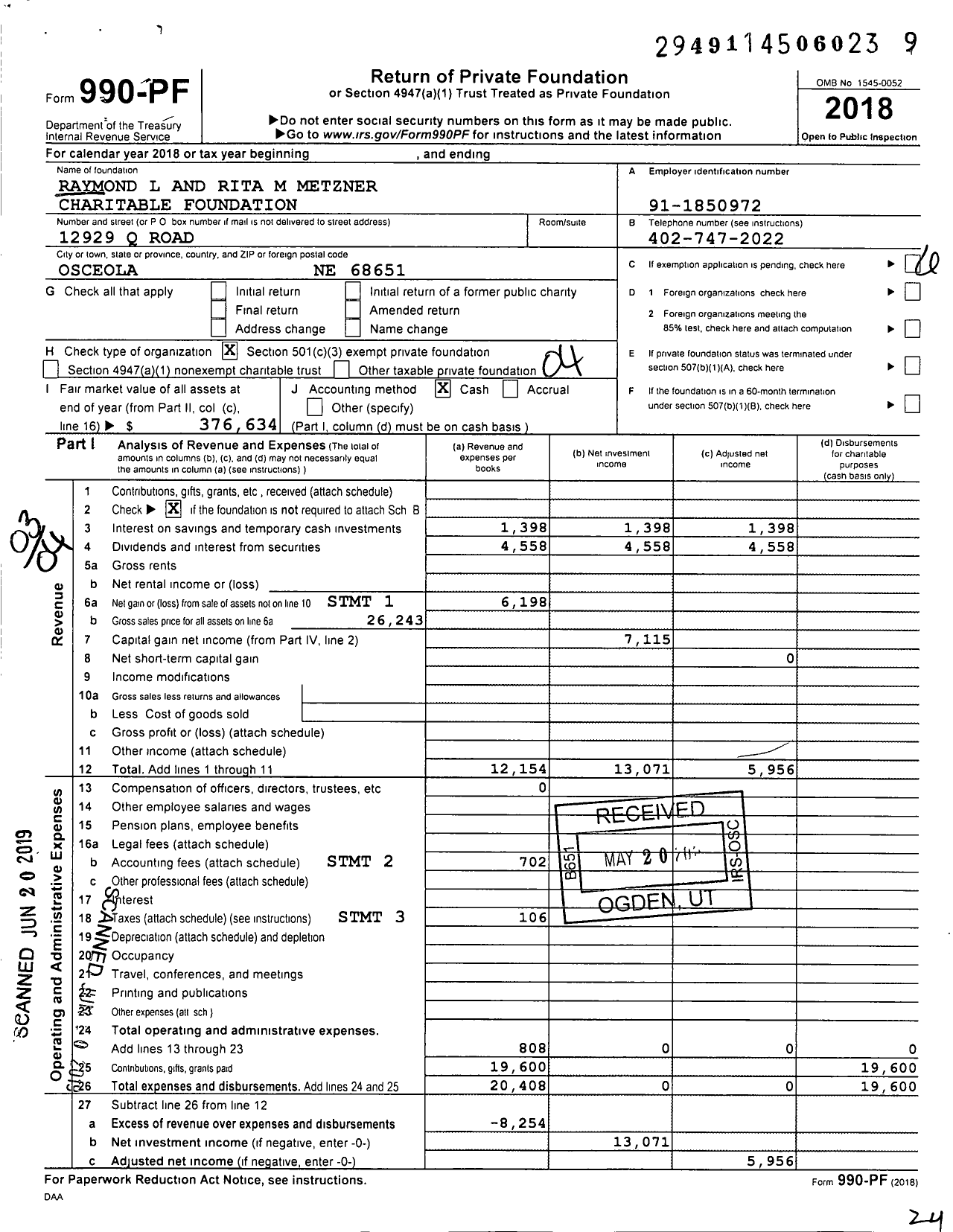 Image of first page of 2018 Form 990PF for Raymond L and Rita M Metzner Charitable Foundation