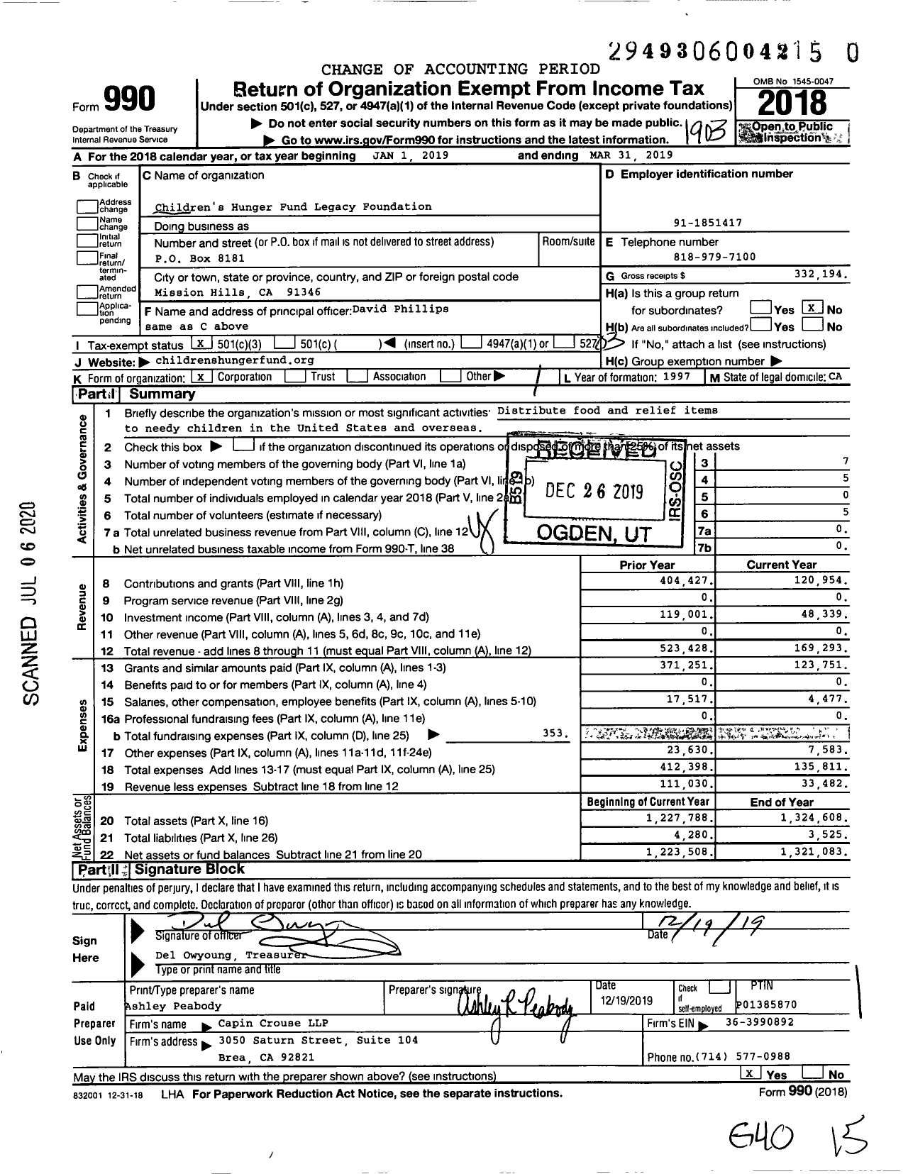 Image of first page of 2018 Form 990 for Children's Hunger Fund Legacy Foundation