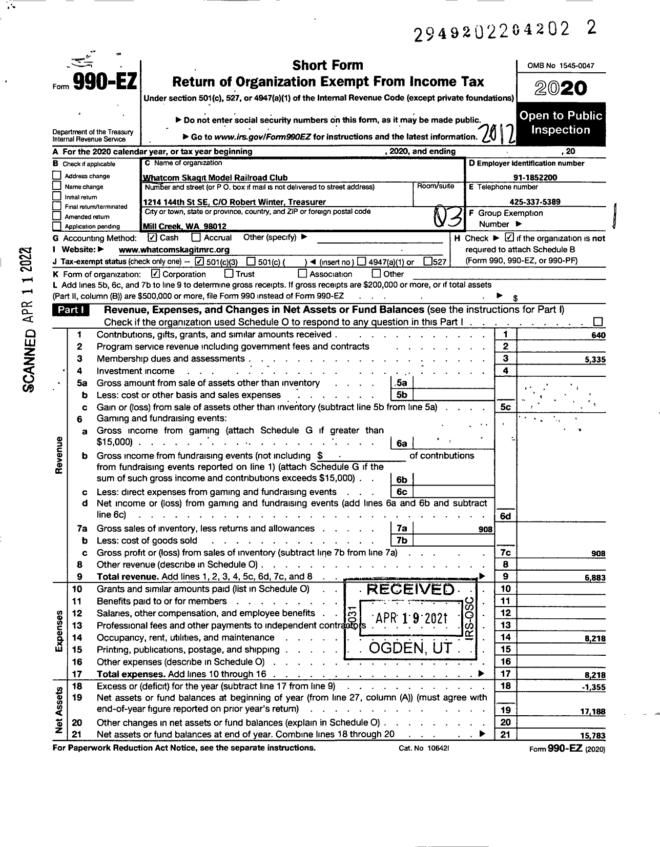 Image of first page of 2020 Form 990EZ for Whatcom Skagit Model Railroad Club