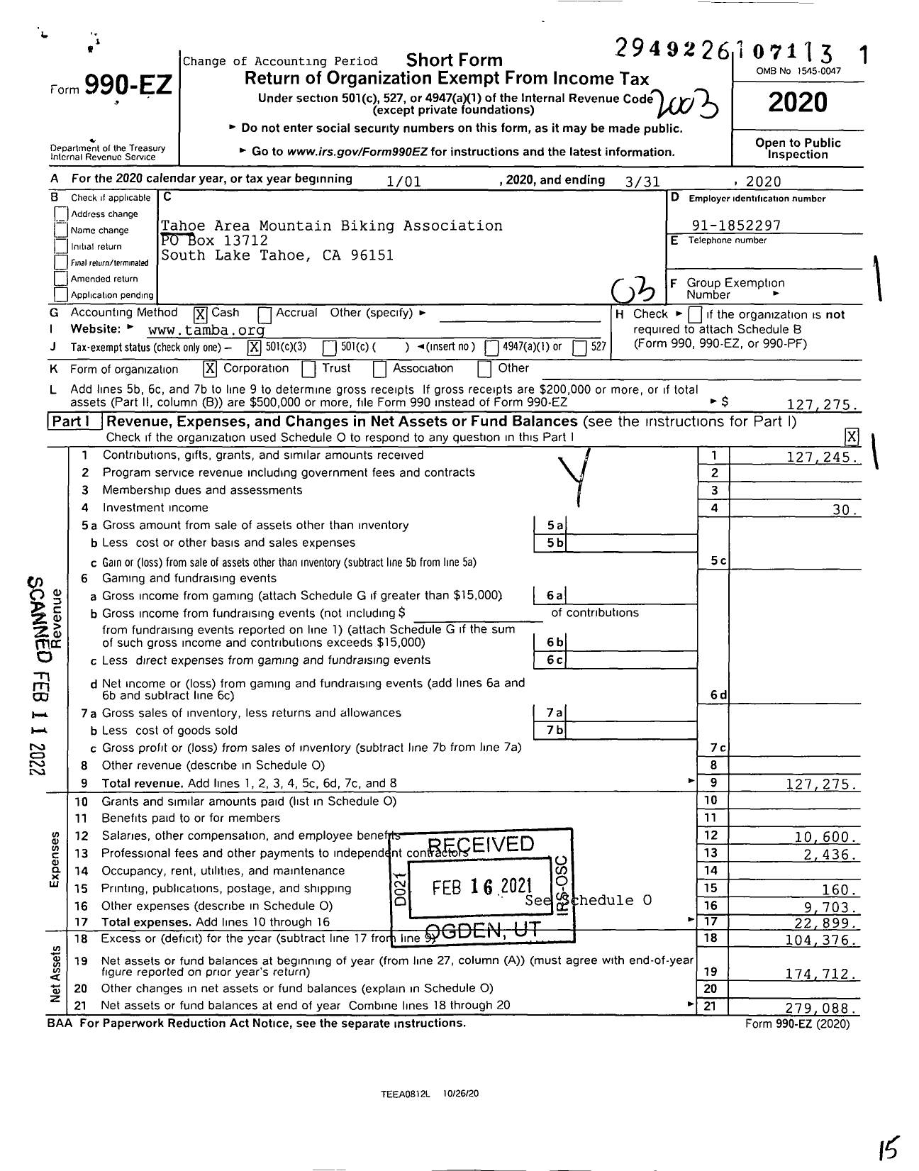 Image of first page of 2019 Form 990EZ for Tahoe Area Mountain Biking Association (TAMBA)