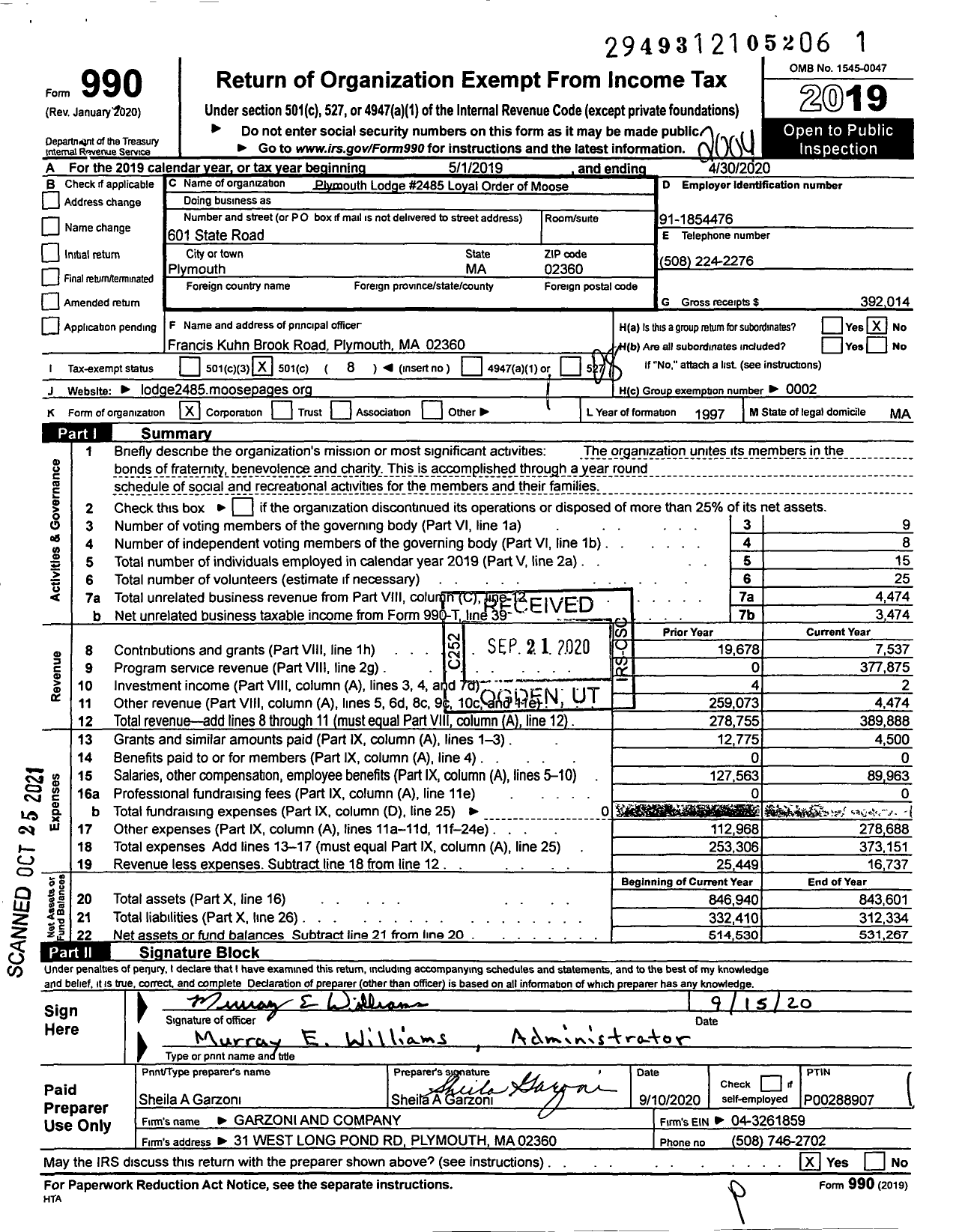 Image of first page of 2019 Form 990O for Loyal Order of Moose - 2485