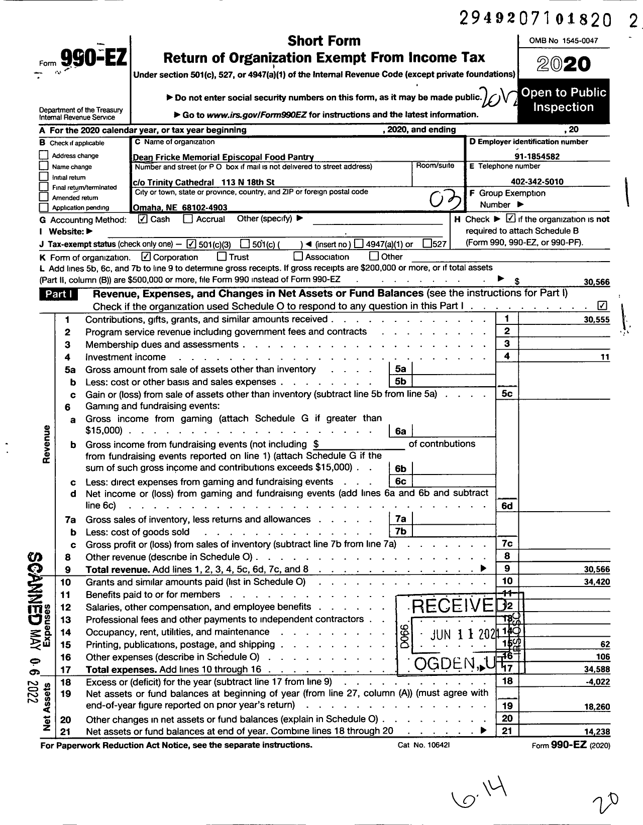 Image of first page of 2020 Form 990EZ for Dean Fricke Memorial Food Pantry