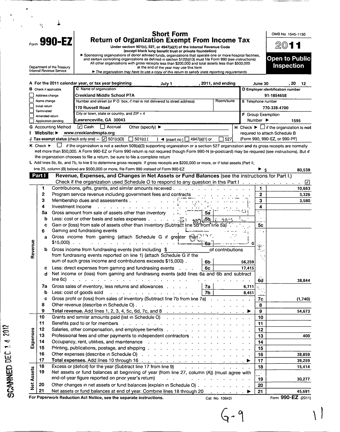 Image of first page of 2011 Form 990EZ for Georgia PTA - Creekland MS PTA