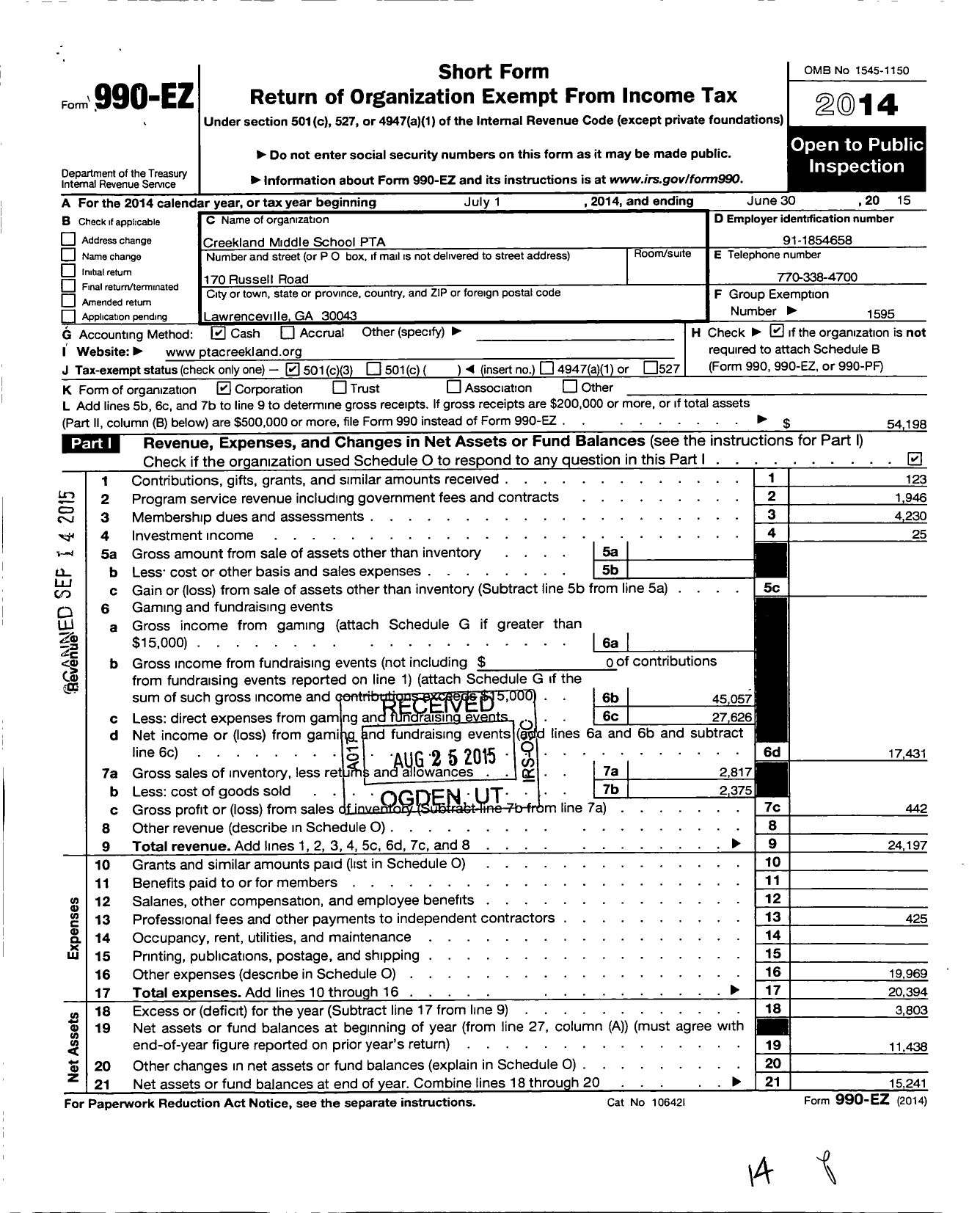 Image of first page of 2014 Form 990EZ for Georgia PTA - Creekland MS PTA