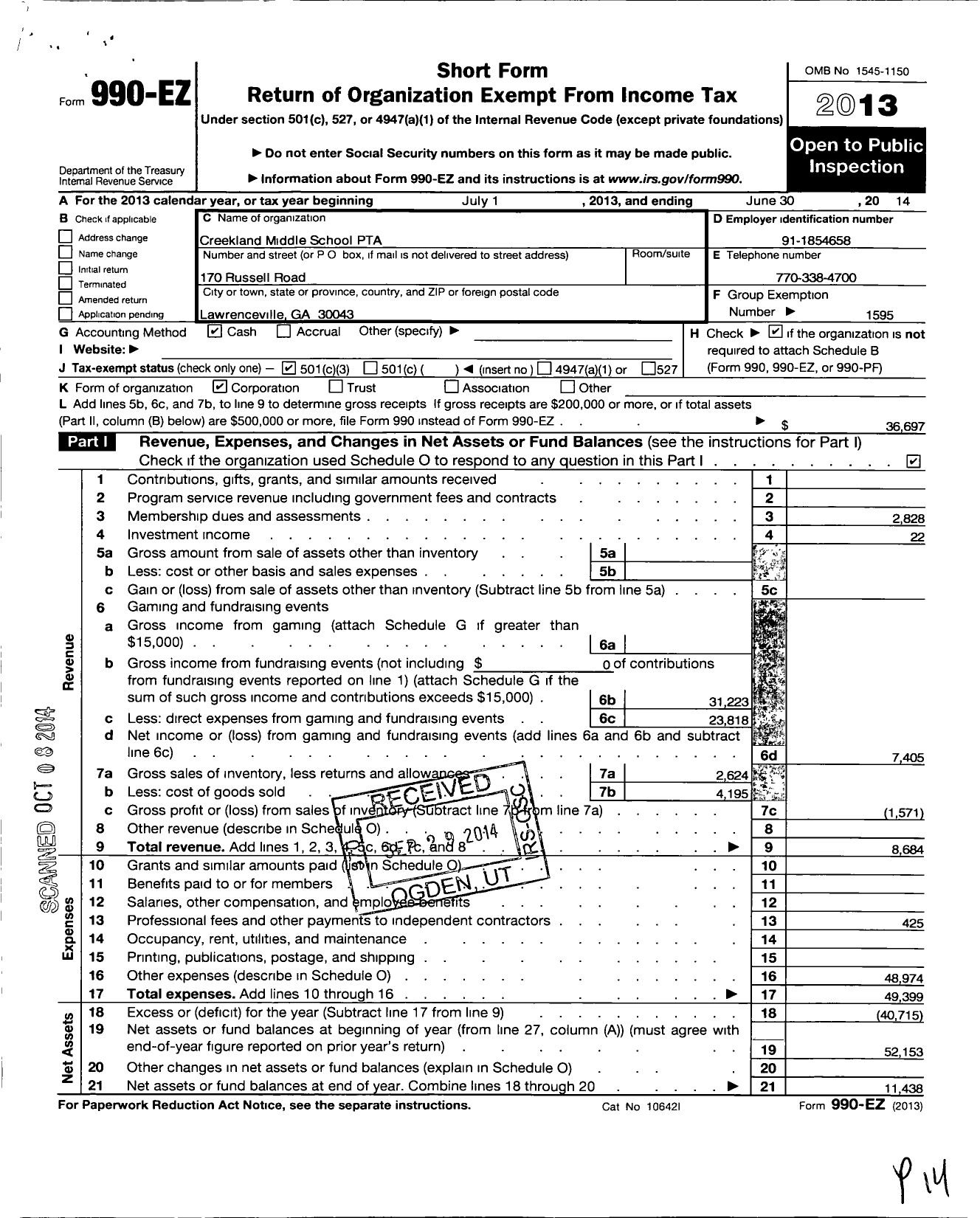 Image of first page of 2013 Form 990EZ for Georgia PTA - Creekland MS PTA