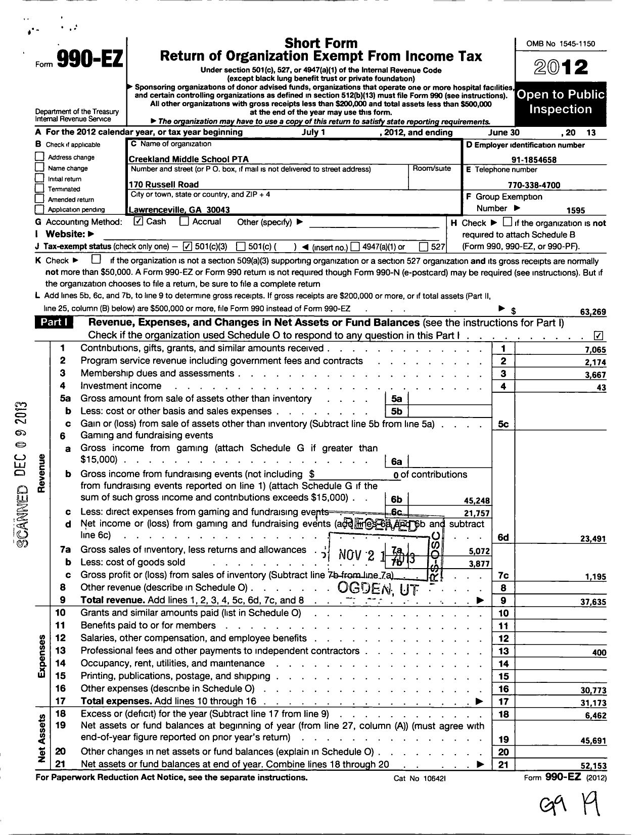 Image of first page of 2012 Form 990EZ for Georgia PTA - Creekland MS PTA