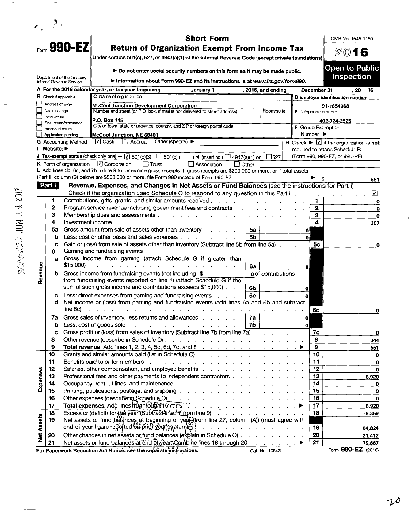 Image of first page of 2016 Form 990EZ for Mccool Junction Development Corporation