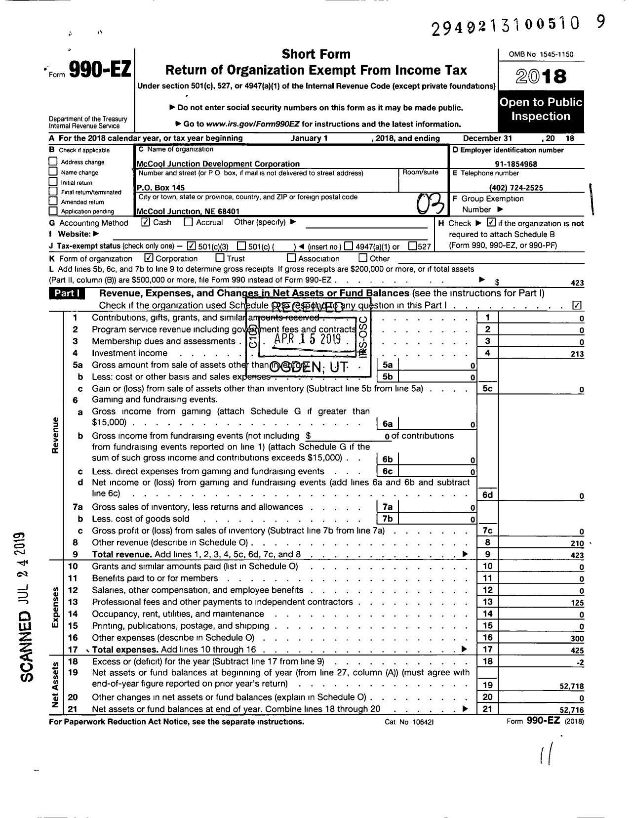 Image of first page of 2018 Form 990EZ for Mccool Junction Development Corporation