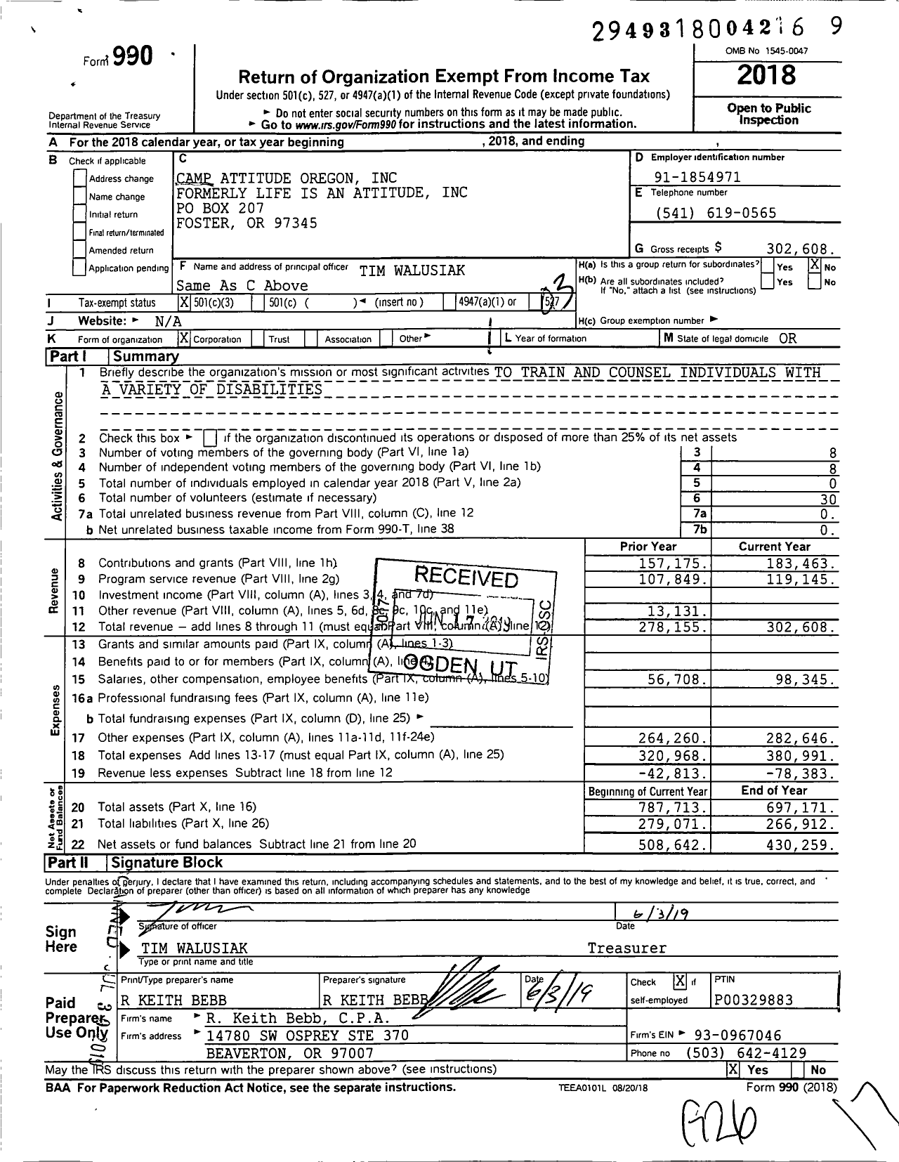 Image of first page of 2018 Form 990 for Camp Attitude of Oregon