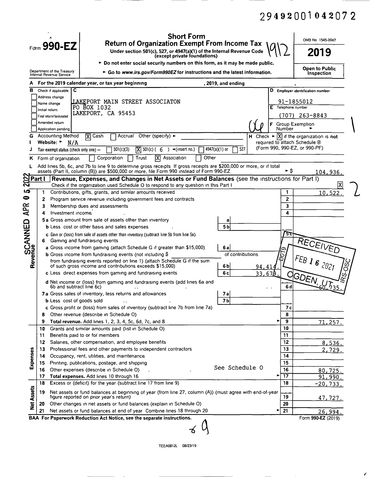 Image of first page of 2019 Form 990EO for Lakeport Main Street Association