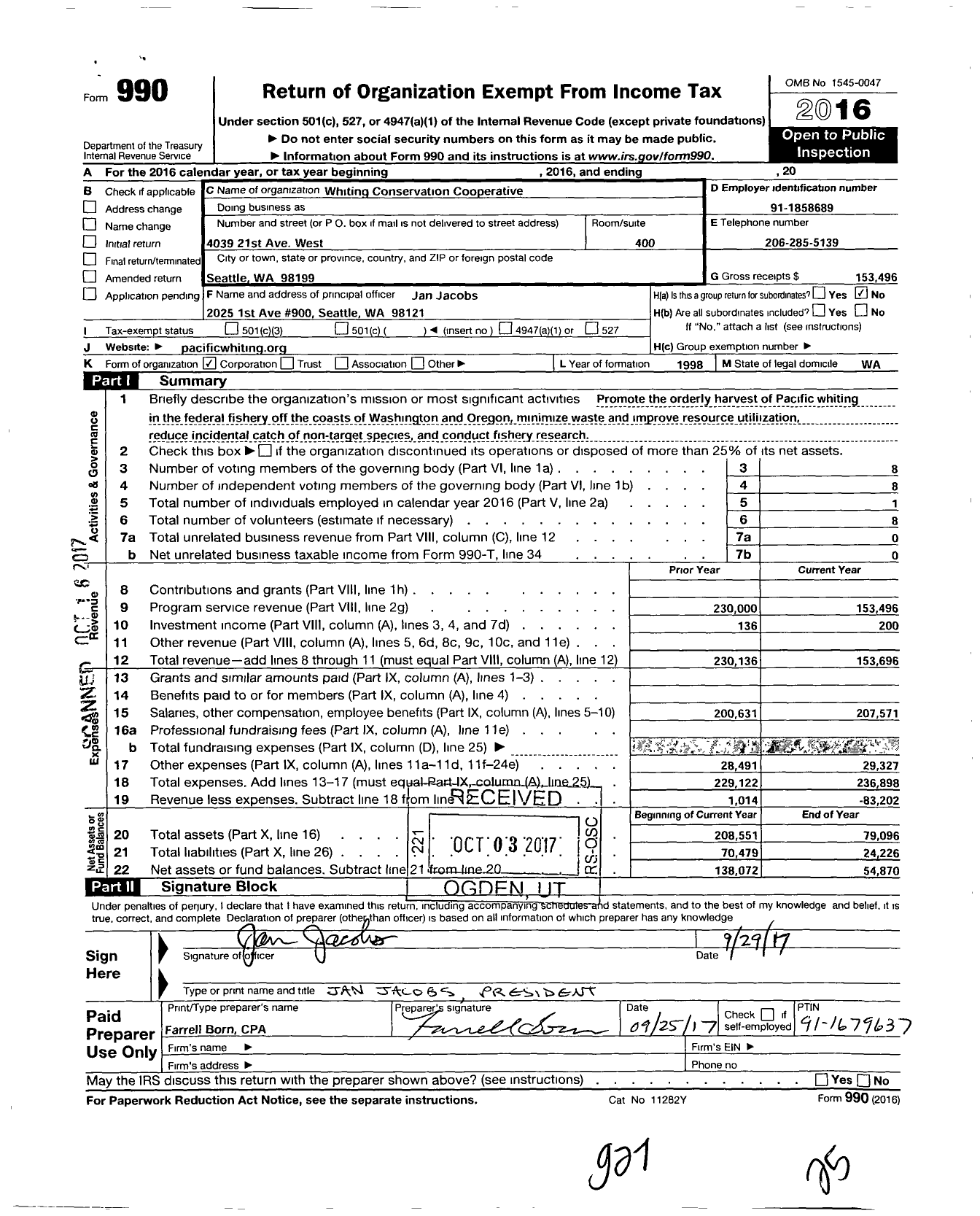 Image of first page of 2016 Form 990O for Whiting Conservation Cooperative